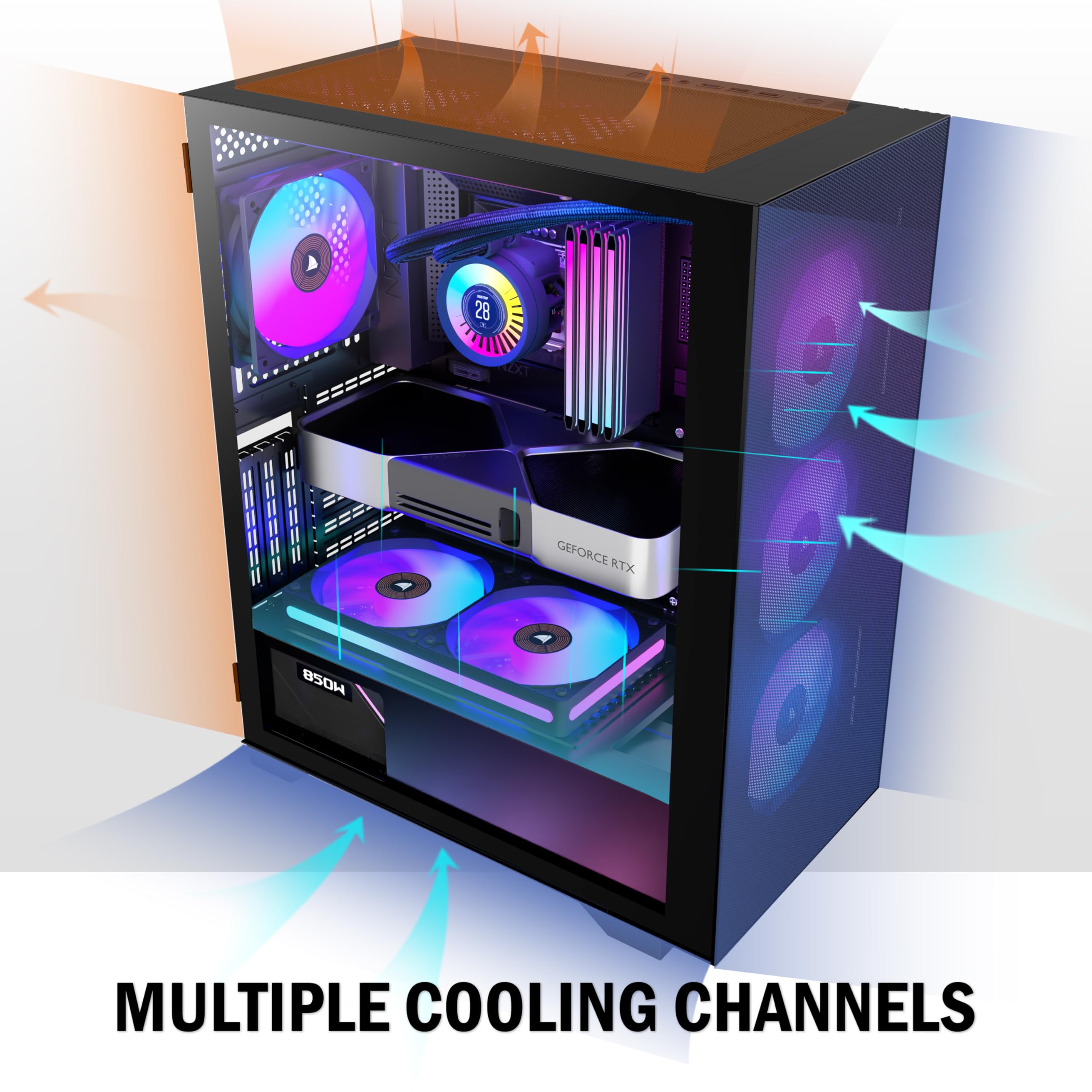 PC-Gehäuse ATX 6 PWM ARGB Gehäuselüfter, vorinstalliert, Mid-Tower-Computergehäuse mit gehärtetem Glas, Netzfront mit hohem Luftstrom, unterstützt 360-mm-Kühler, schwarzes