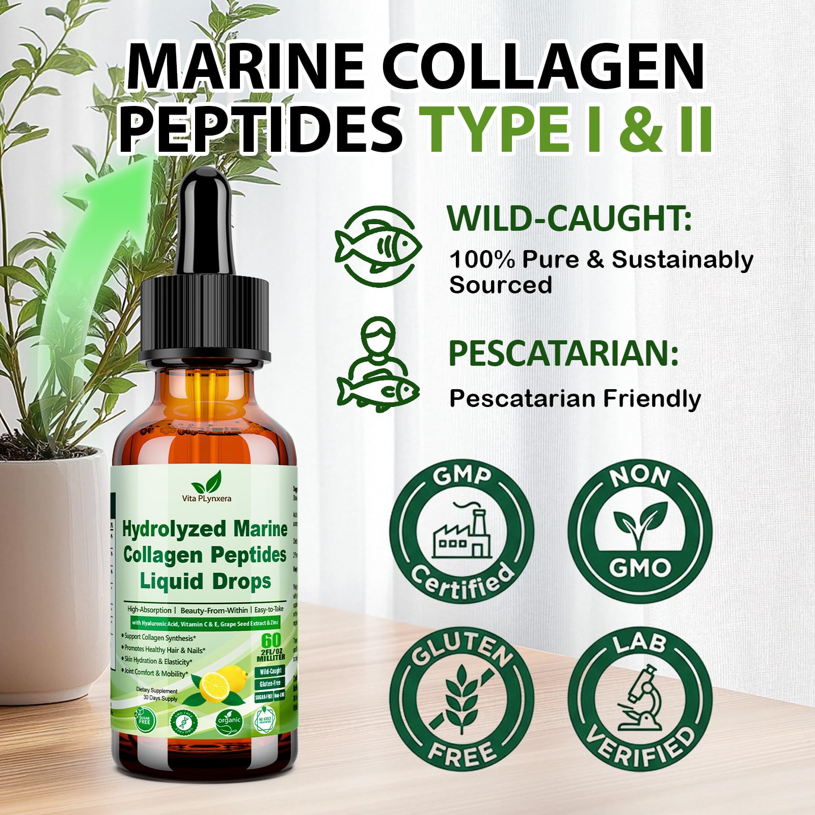Marine Collagen Peptides Liquid Drops, Hydrolyzed Multi Type I & III Collagen w. Vitamin C E Grape Seed Extract for Joint, Skin, Hair & Nail, Liquid Collagen High Absorption for Women Men, Wild-Caught — Amazon image 3