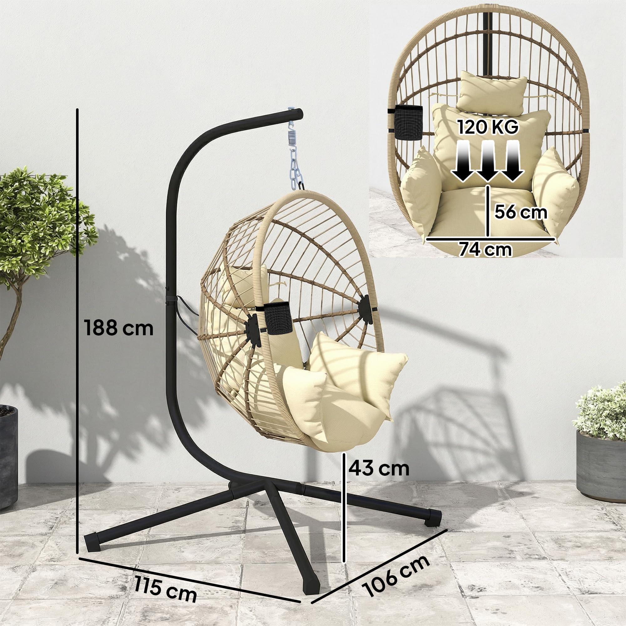 Outsunny - Sillón colgante, silla colgante para hamaca, cesta plegable, cojín acolchado, bolsillo, almohada, silla colgante para interior y exterior, color caqui