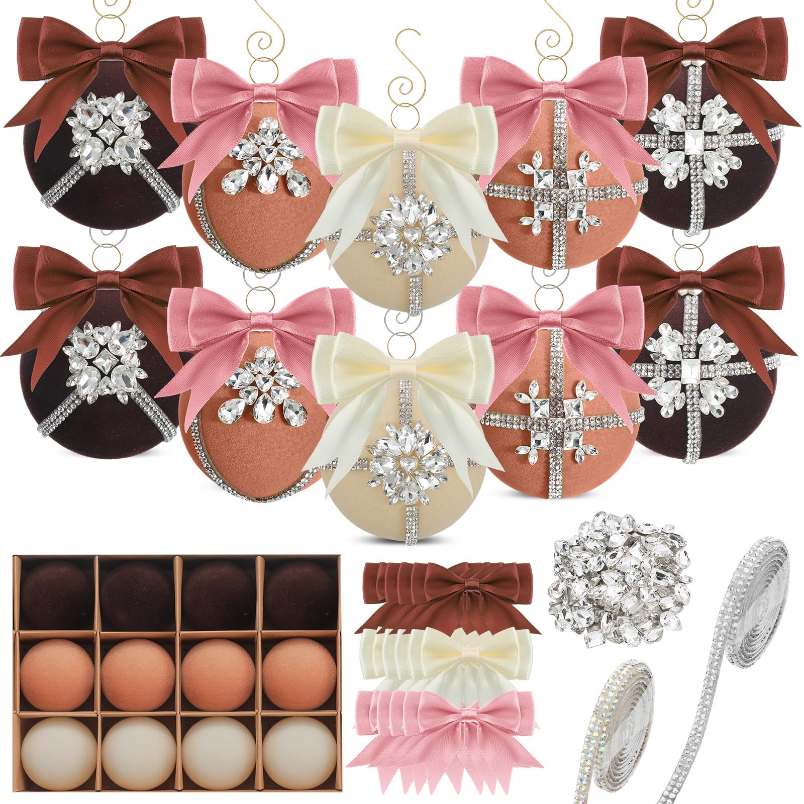 12 Sets Christmas Ornaments Crafts for Adults,DIY Velvet Christmas Ball Ornaments Kits with Adhesive Rhinestone Christmas Bows Hook for Christmas Tree Decorations Xmas Hanging Decor(blue)