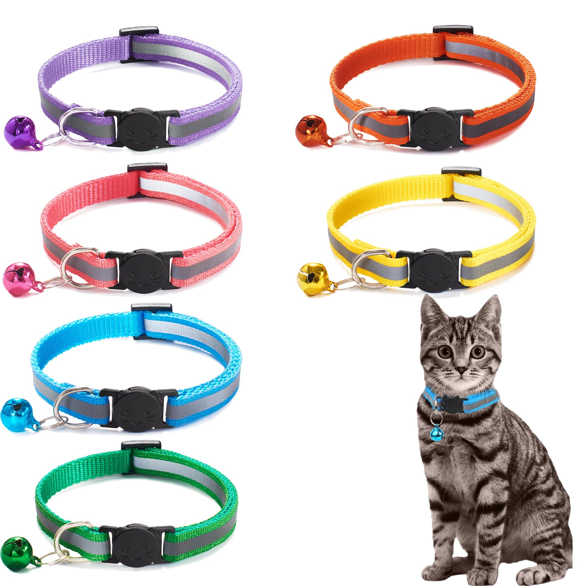 6 Reflective Cat Collars, Adjustable 19-32 cm, with Bell and Safety Lock