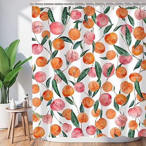 Juego de cortinas de ducha de color rosa melocotón, bonitas cortinas de ducha de frutas en acuarela, impermeable, lavable, 72 x 72 pulgadas con 12
