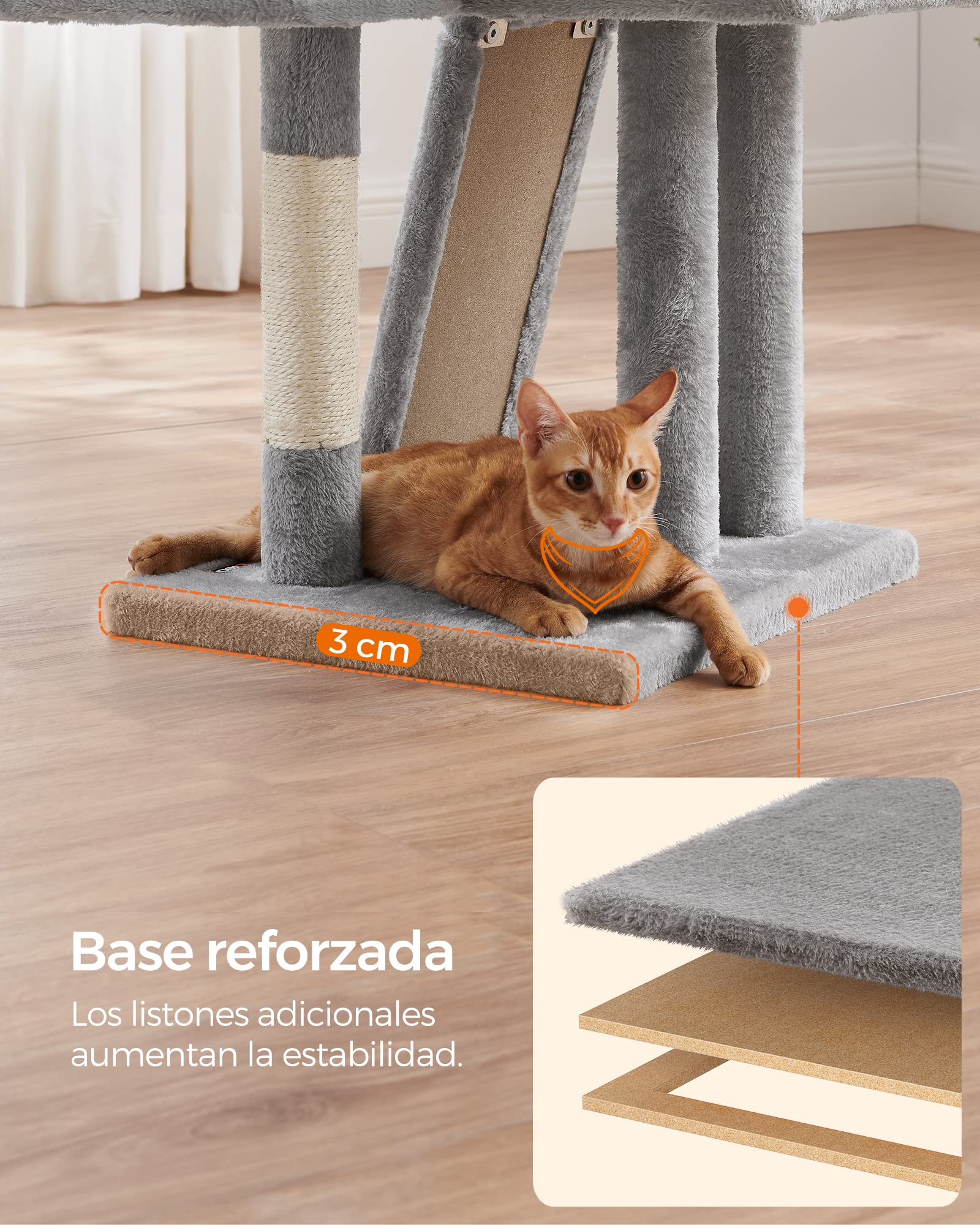 FEANDREA Árbol para Gatos Pequeños, 135 cm, Condominio para Gatos de Felpa de Varios Niveles, con Cubierta de Plataforma Extraíble y Lavable, Rascador, Cesta, Cueva, Gris Claro