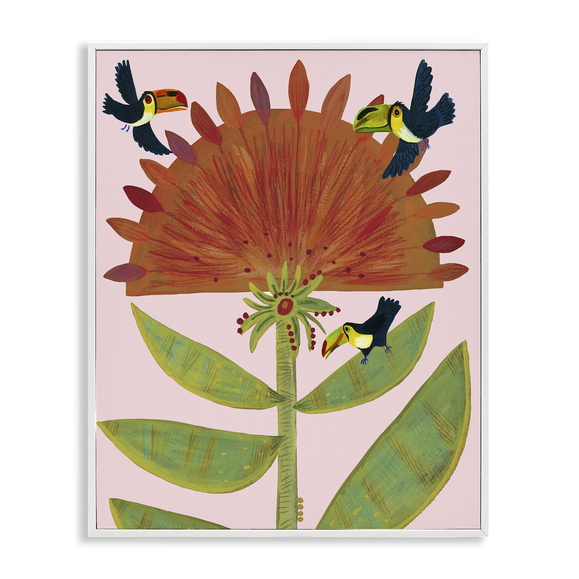 Stupell Industries Coastal White (Textured) 'Tropical Plant & Toucans'| Framed Giclee Art