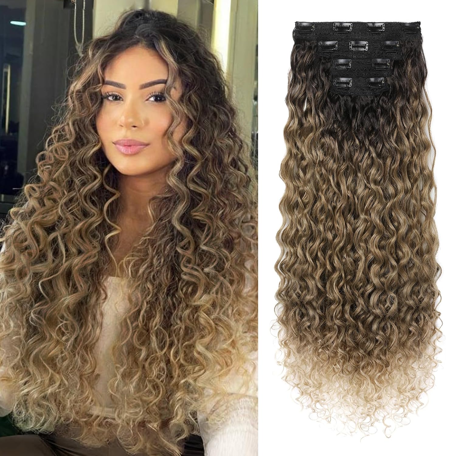 LONAI 4PC Clip in Hair Extensions, 100? Pure Protein Silk Curly Hair Extension for Women, 26 Inch Long Soft Natural Hair Extensions-Dark Brown to Medium Brown Light Roots