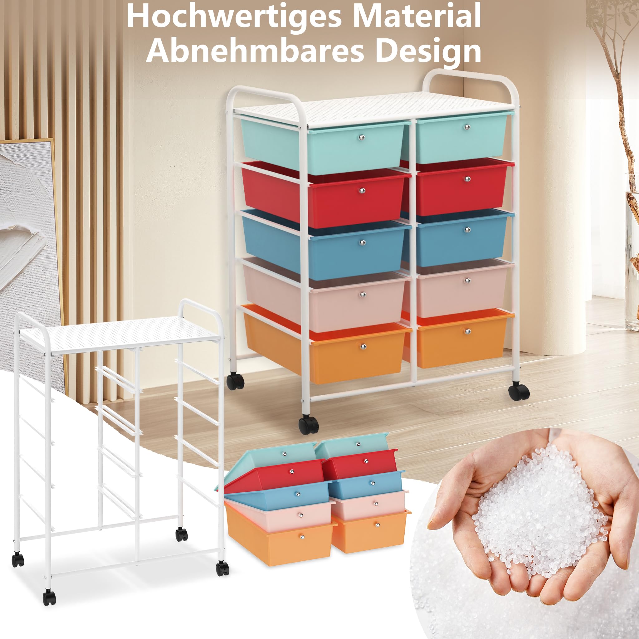 YRHome Chariot de salle de bain avec 10 tiroirs empilables - Chariot de cuisine - Chariot de rangement avec freins et roulettes - Chariot de rangement pour cuisine, salle de bain, bureau - 96 x 39,5 x