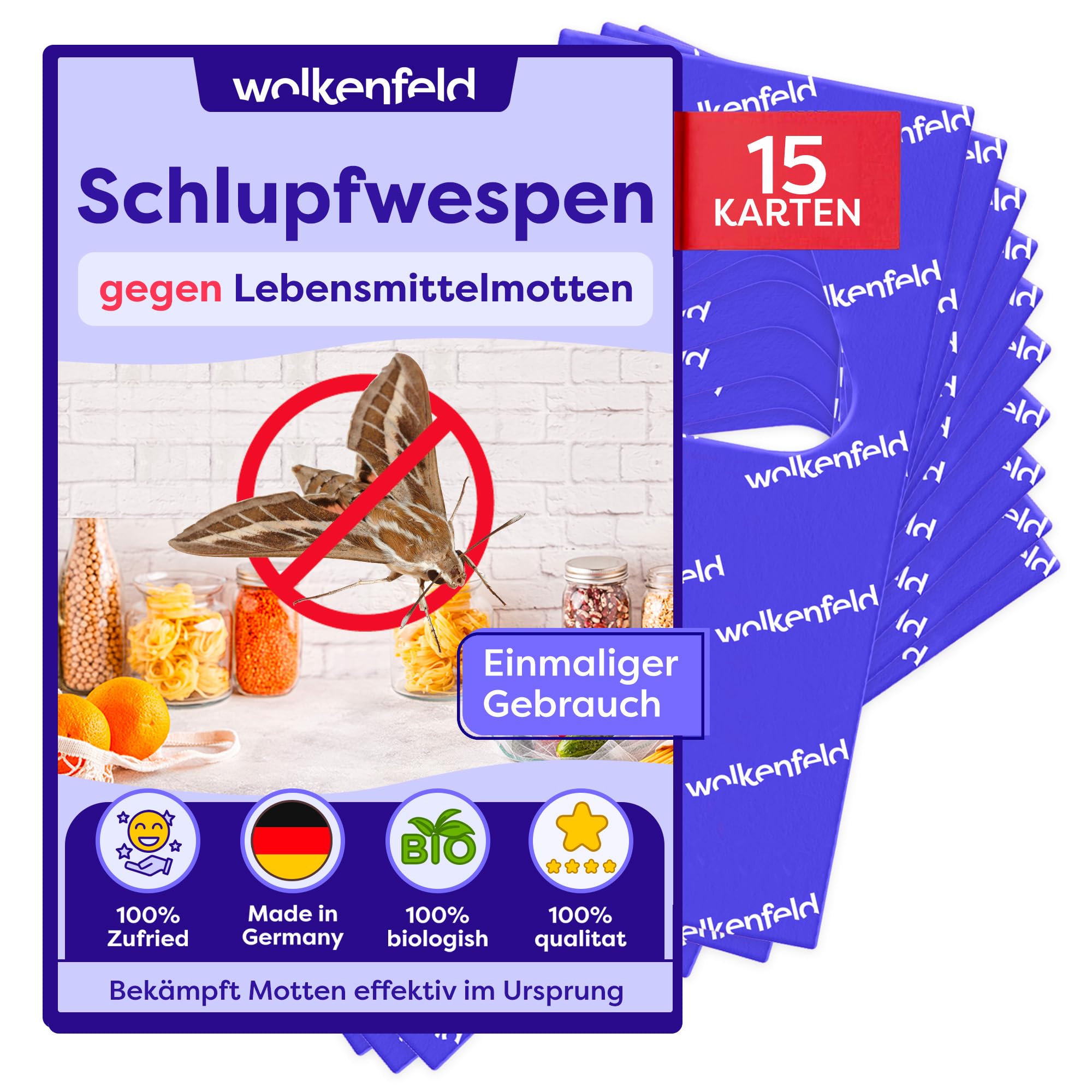 Wolkenfeld Schlupfwespen gegen Lebensmittelmotten – 15 Karten mit 1 Lieferung – Effektive & Chemiefreie Mottenbekämpfung – Natürliche Alternative zu Mottenfallen, Sprays & Pheromonfallen