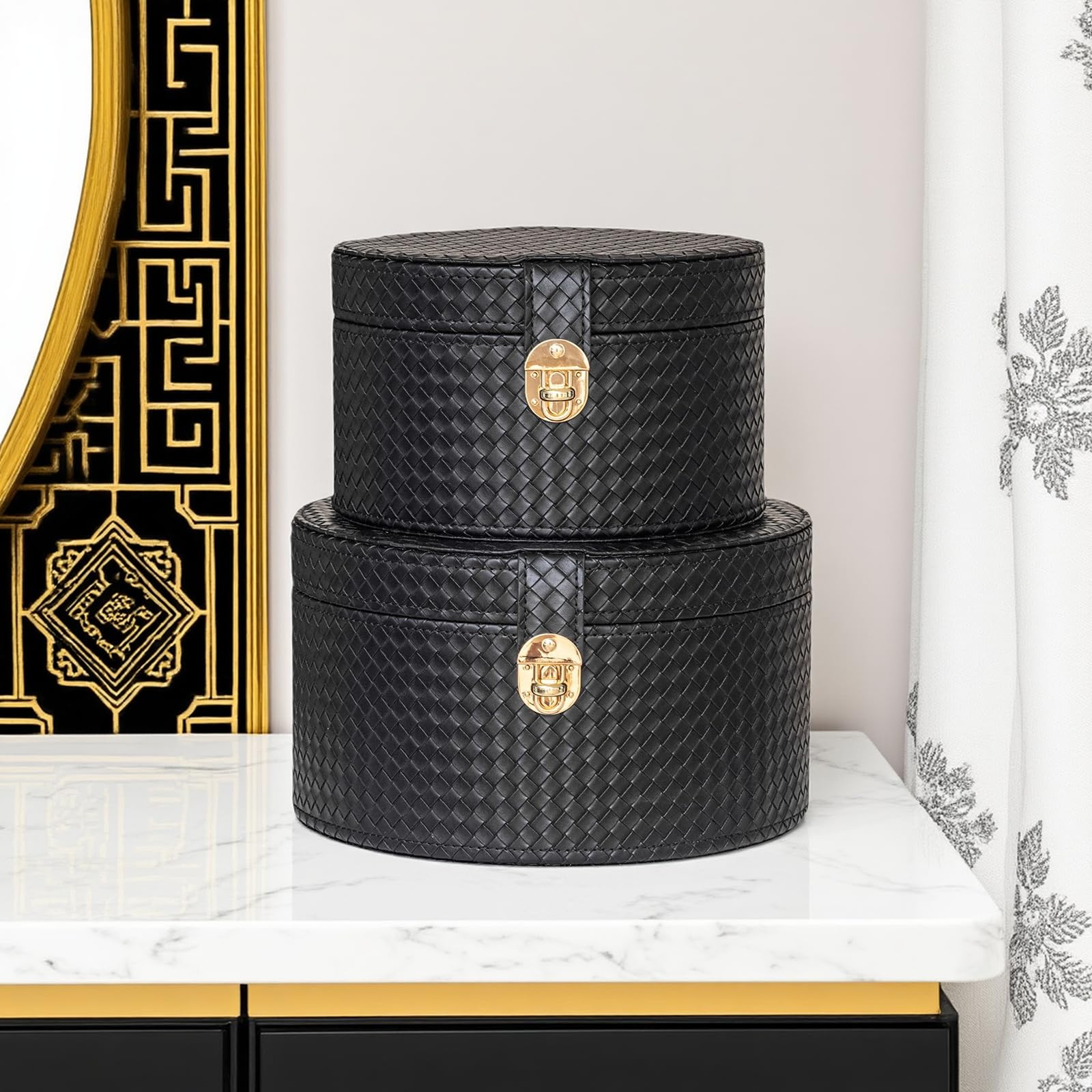 Dekorative Box aus Leder mit Deckel für Fernbedienungen, Couchtisch, 2er-Set, moderne runde Hutboxen, Mehrzweckkorb, Regal-Organizer