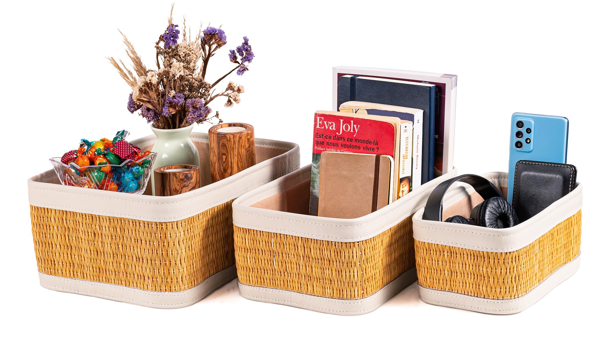 Smar Set de Cestas de Almacenaje Rectangulares, 30x22x13cm, Cesta de Fruta Hecho a Mano, Cestas de Mimbre, Organizador Juguetes, Almacenaje Cocina, Cajas de Almacenamiento, Decoración Baño