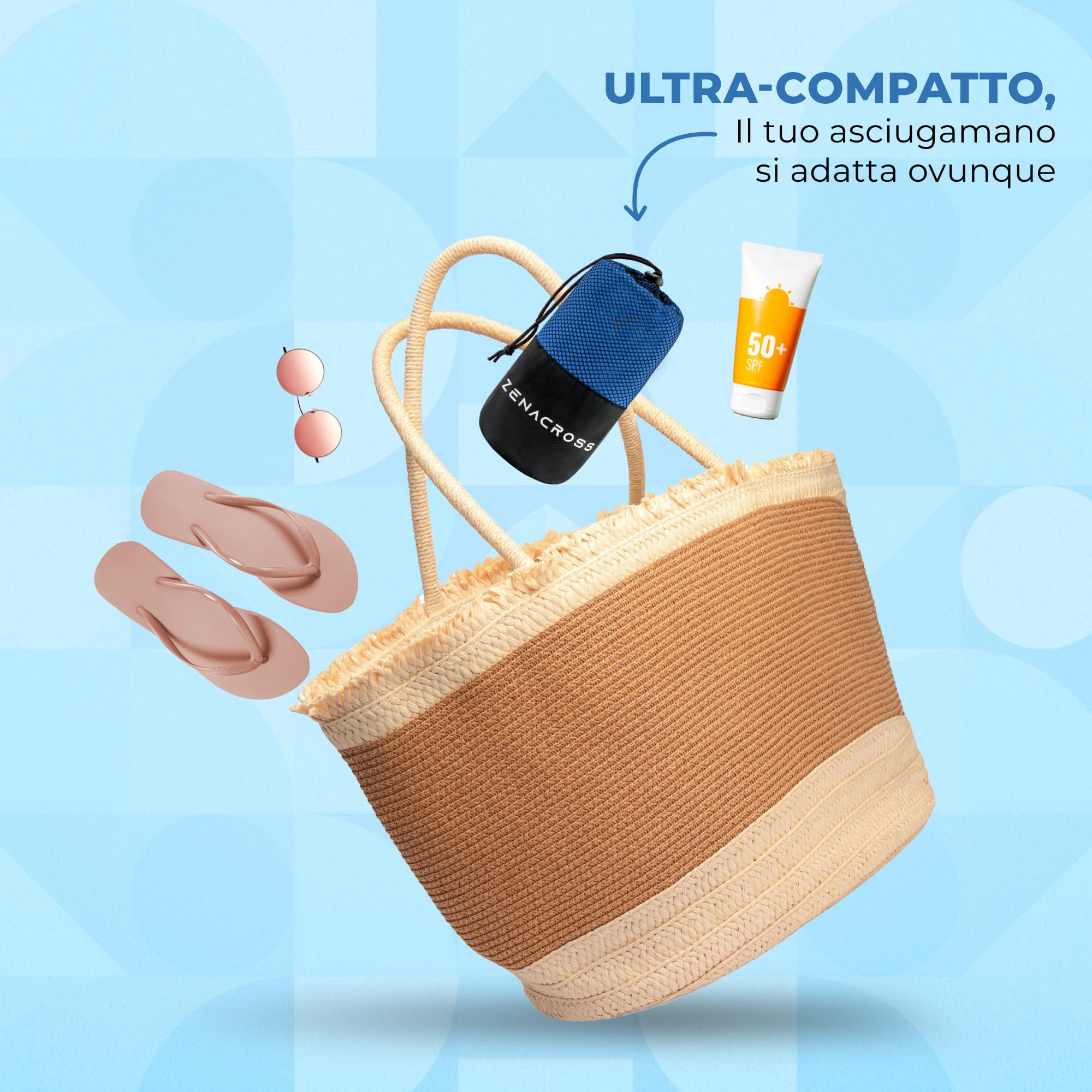 Zenacross Asciugamano Palestra con Borsa per il Trasporto - Asciugamano Microfibra a Rapida Asciugatura e Versatile - Telo Palestra Taglie XXL - 200 x 100 cm - Blu