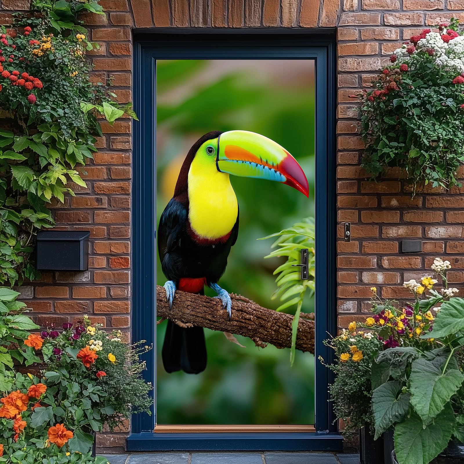 Papel pintado autoadhesivo para puerta de animales, tucán, fotografía 3D, póster para puerta, adhesivo botánico de rama de árbol impermeable, lámina de vinilo para puerta, verde extraíble, póster