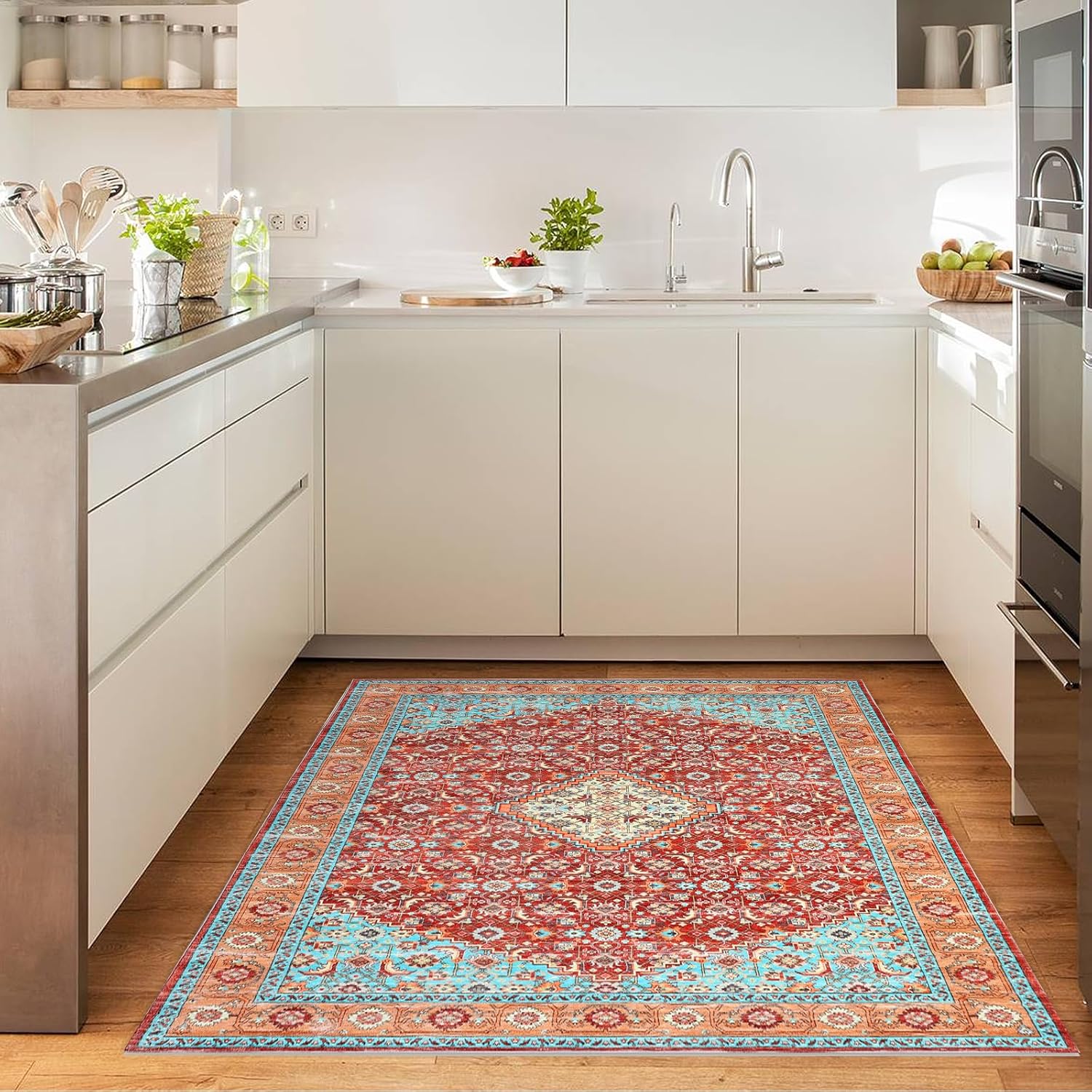 GarveeHome Vintage Area Rug 4x6 - Stain Resistant,Machine Washable,Non-Slip Carpet,Indoor Foldable Thin Rug,Retro Distressed Floral Print,Low-Pile for Kitchen,Living Room,Bedroom,Dining Room.Red Hue
