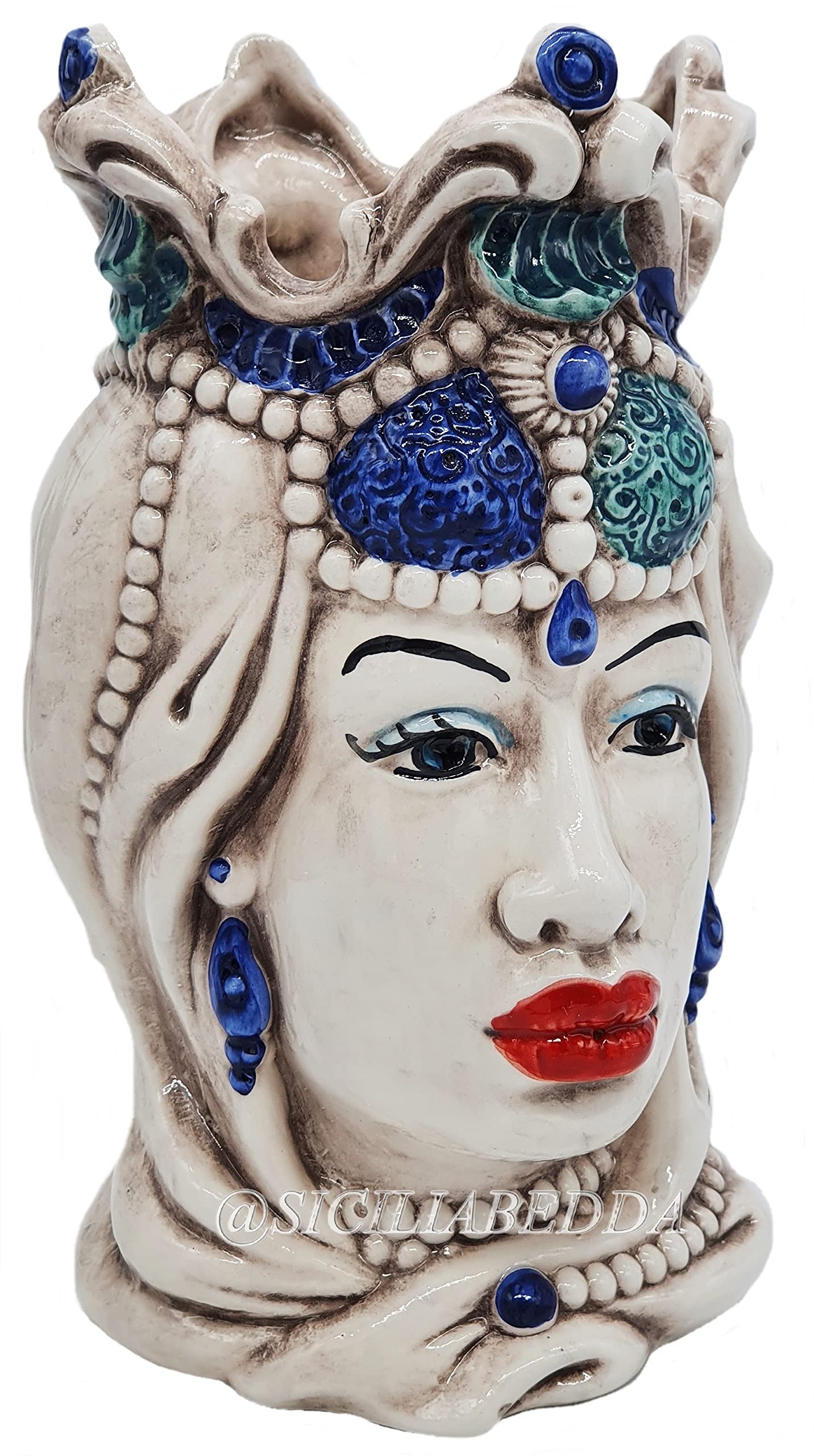 sicilia bedda - Teste di Moro Siciliane in Ceramica di Caltagirone - Realizzato Interamente a Mano - Altezza 18 Centimetri (Testa di Moro Donna Blu)