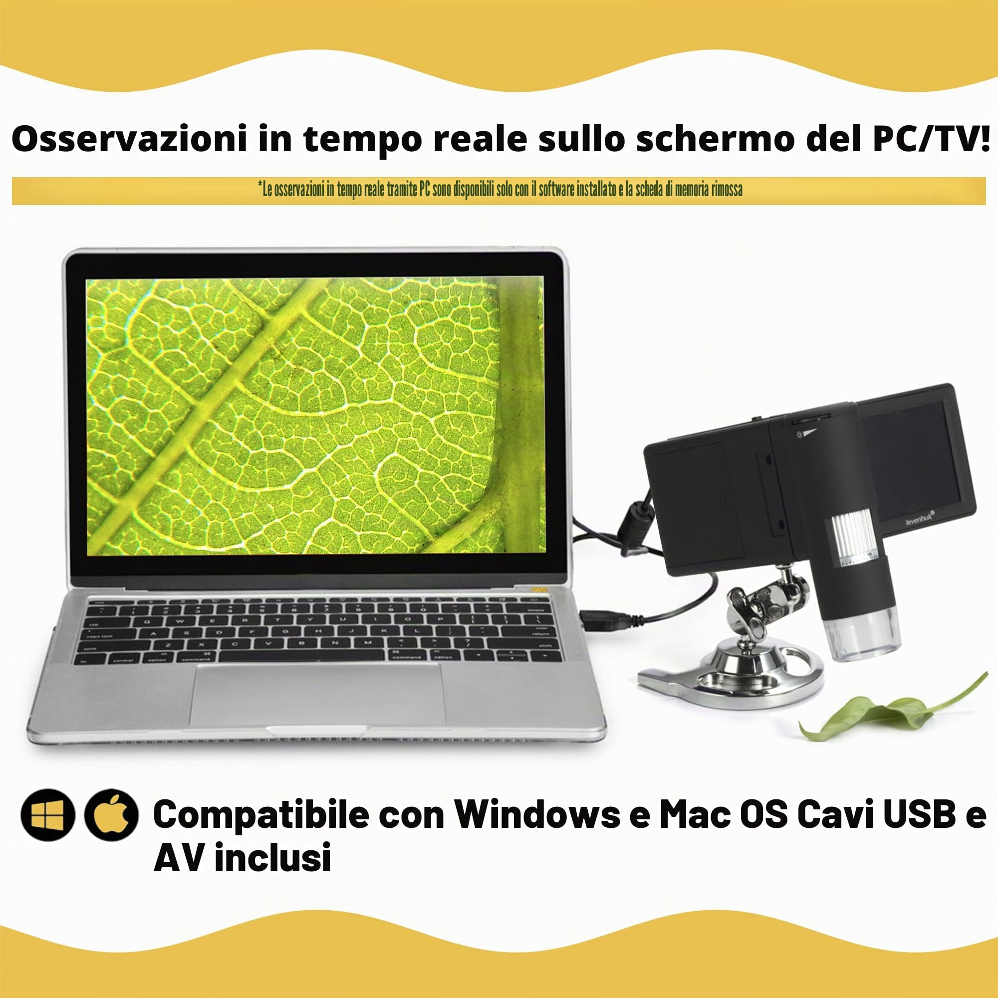 Microscopio Digitale Portatile USB Levenhuk DTX 500 (20–500x) con Schermo Lcs per L’Osservazione di Qualsiasi Superficie, Sia In Casa Che All’Aperto