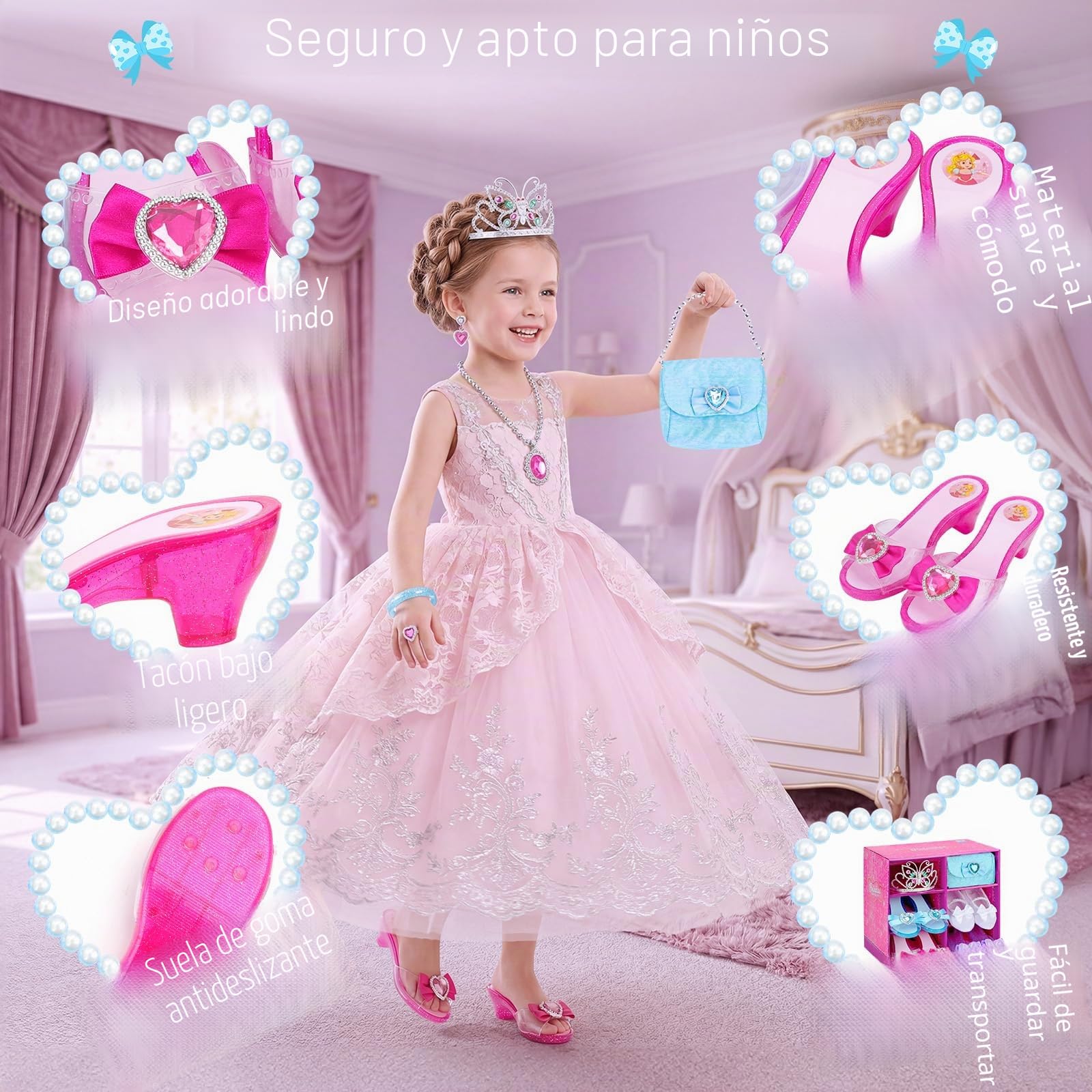deAO Zapatos de Vestir de Princesa, Juguetes de Princesa con 4 Pares de Zapatos de Juego, 1 Bolso y Accesorios de joyería para niñas de 3, 4, 5, 6 años, Pulseras, Collares, aretes y Tiara de Corona,