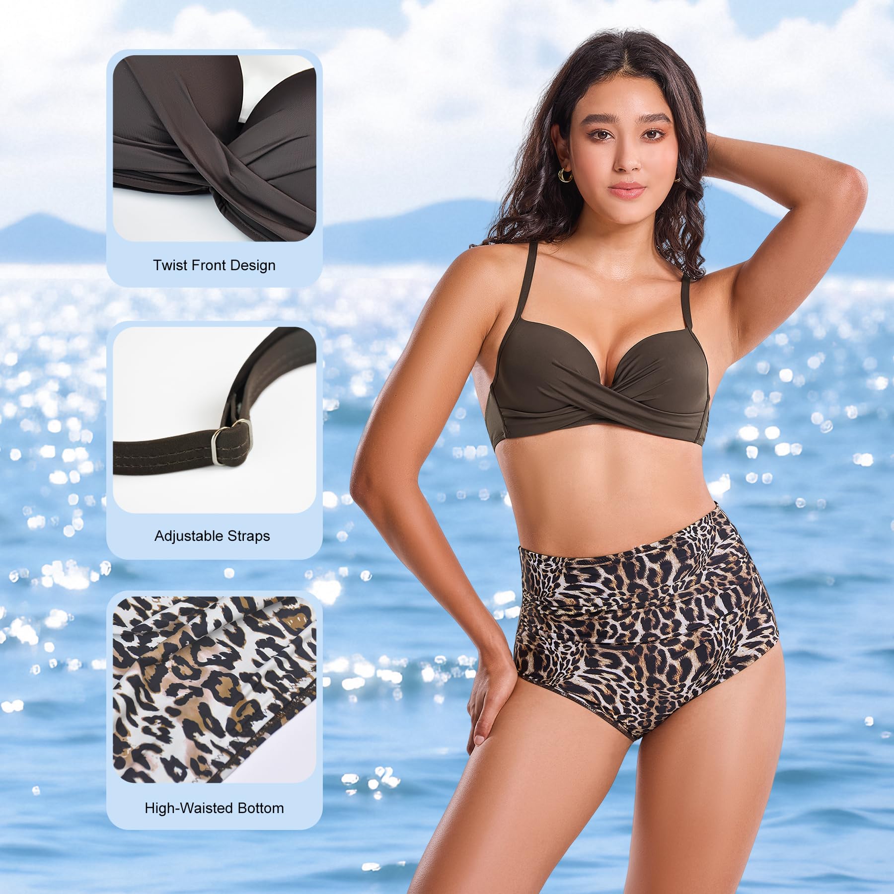 POWER FLOWER Damski zestaw bikini z wysokim stanem kontrola brzucha push-up dwuczęściowy strój kąpielowy z lampartem