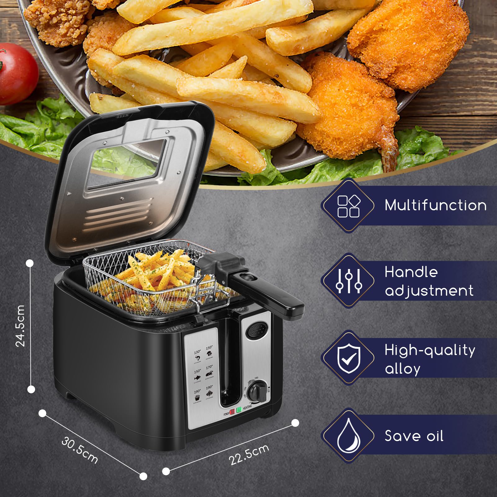 Aigostar Olivia - Freidora con capacidad de 2,5 L, 1650 W, libre de BPA, con ventana transparente, control de temperatura e indicador, negra