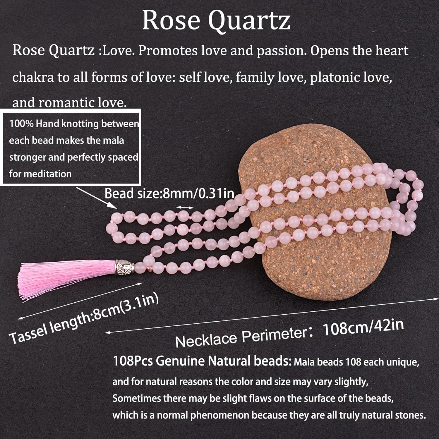 KIKILA Mala Beads 108 Natural Stone GemStones Japamala Yoga Meditation Hand Knotted Beaded Tassel Necklace for Women Men - Image 2