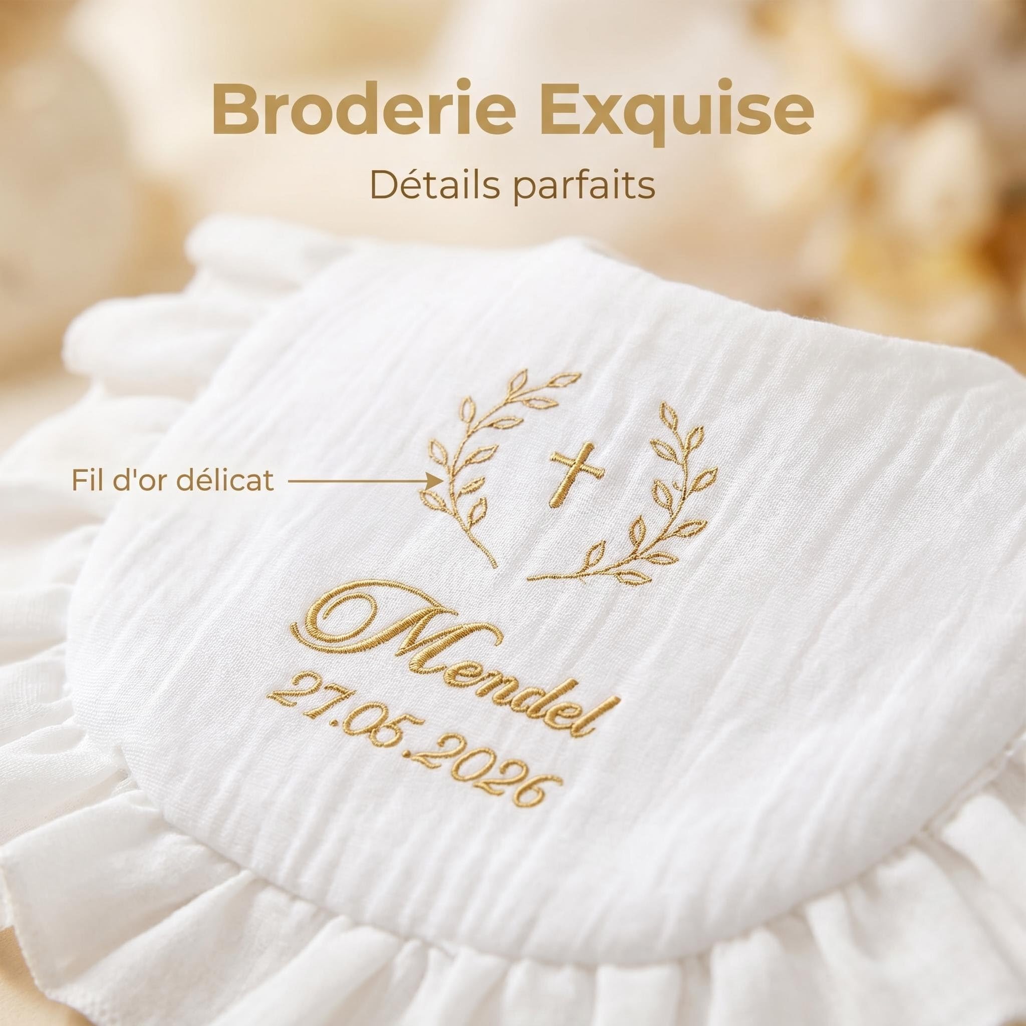 XIAOMA Bavoir Baptême Personnalisé pour Bébé – 100% Coton Doux, Broderie Prénom et Date, Cadeau Baptême avec Coffret, Livraison Rapide 48h