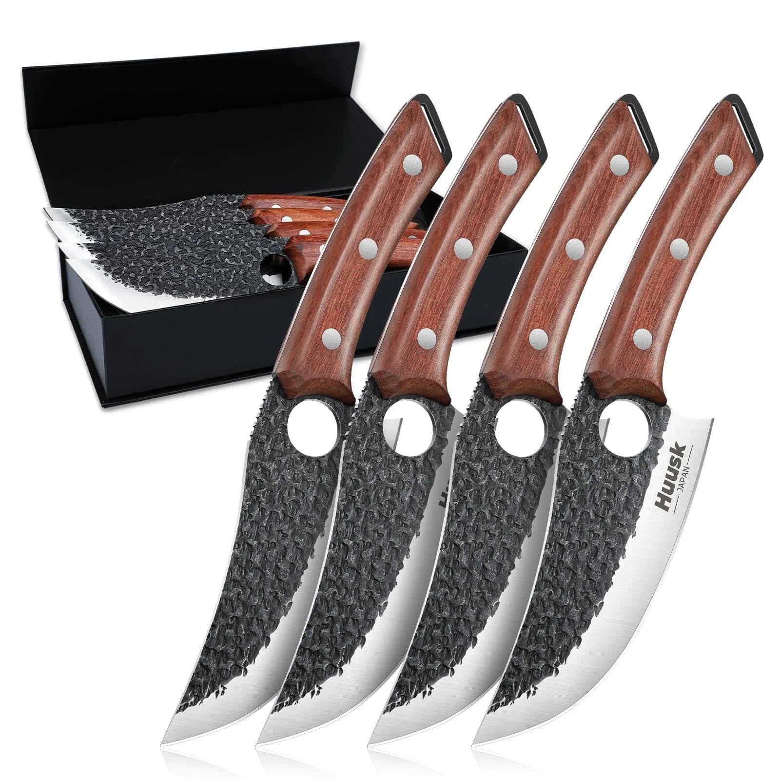 Huusk Viking Knives Set of 4, Japanese Butcher Knife Set for Meat Cutting