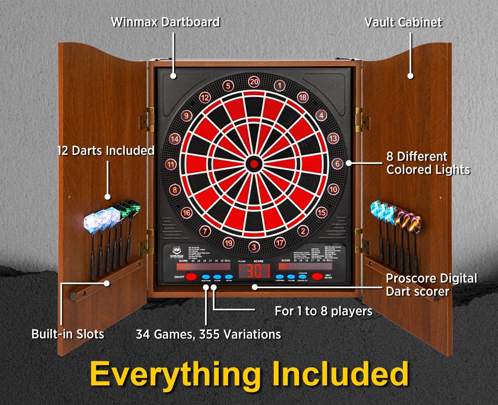 WINMAX Jeu de Flechette Electronique, Decorative Cible de fléchettes Armoire Offre 34 Jeux pour Un Maximum de 8 Joueurs, y Compris 12 flèches à Pointe Douce