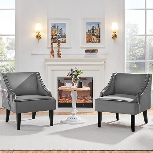 Miniatura 19 de Yaheetech Silla de sala de estar, silla decorativa con bolsillo lateral de almacenamiento, sillón con asiento ancho y patas de madera de goma para