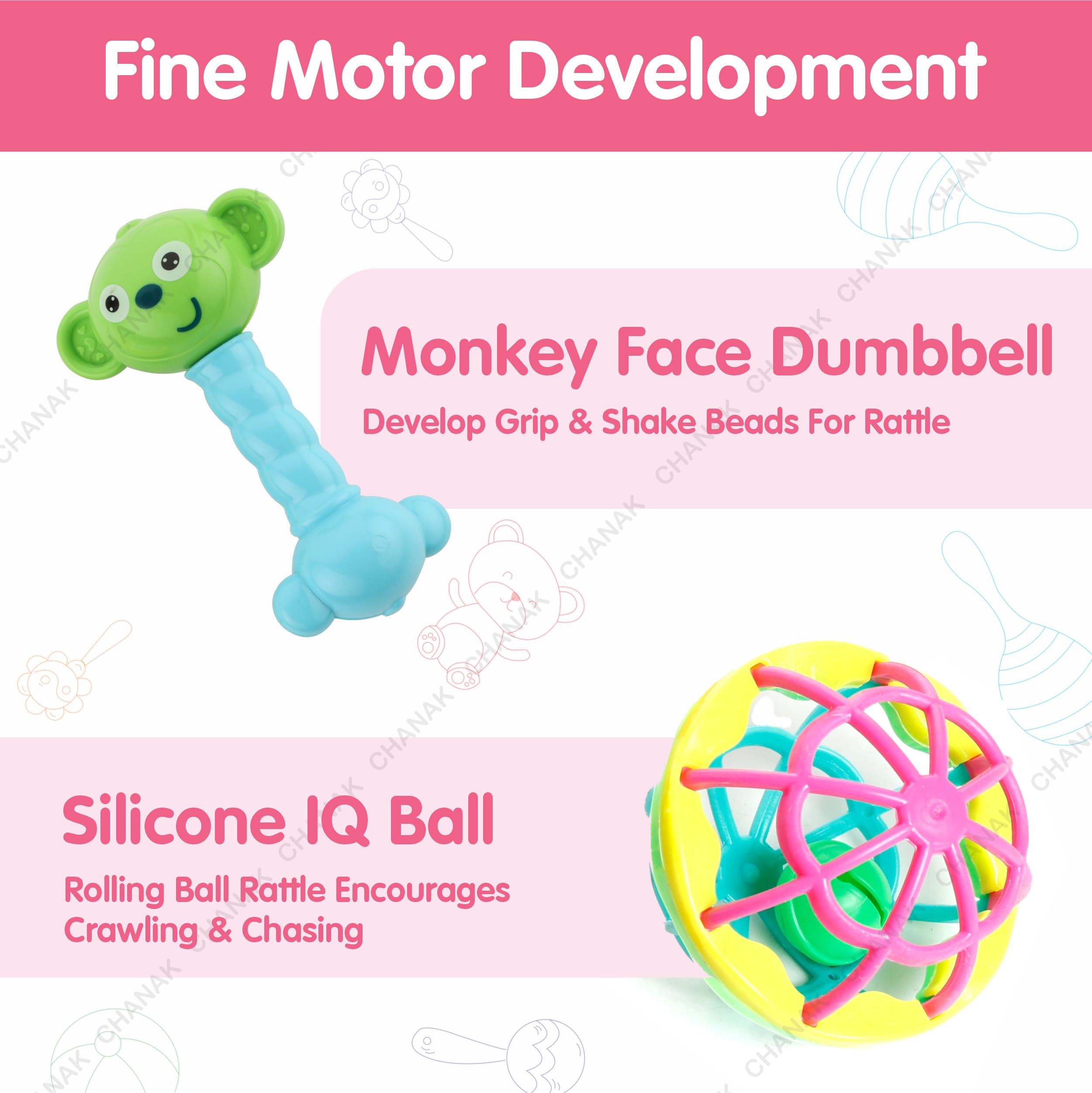 Chanak Silicone;Plastic Baby Kinder Rattle Set for 0-6 Months Old Baby, Non-Toxic, 100% Bpa Free, Infant Grab, Spin & Shake Rattles, Colorful Rattles with 8 Pcs, Bis Approved, Multi,Multicolor - Image 4 thumbnail