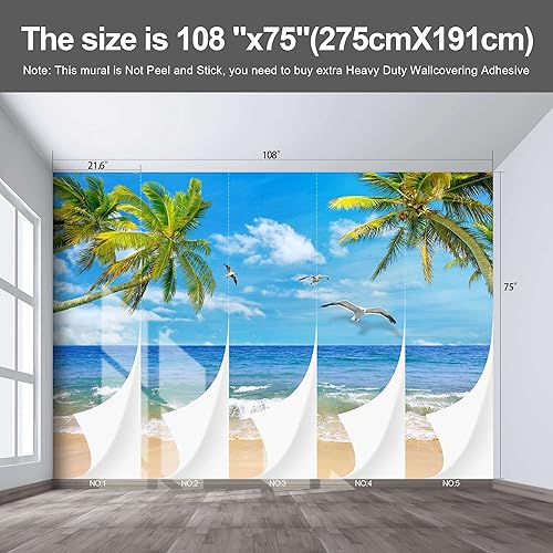 Miniatura 3 de Mural de playa con fondos del océano, papel tapiz costero y playero, murales de pared extra grandes para dormitorio y sala de estar (no despegar ni