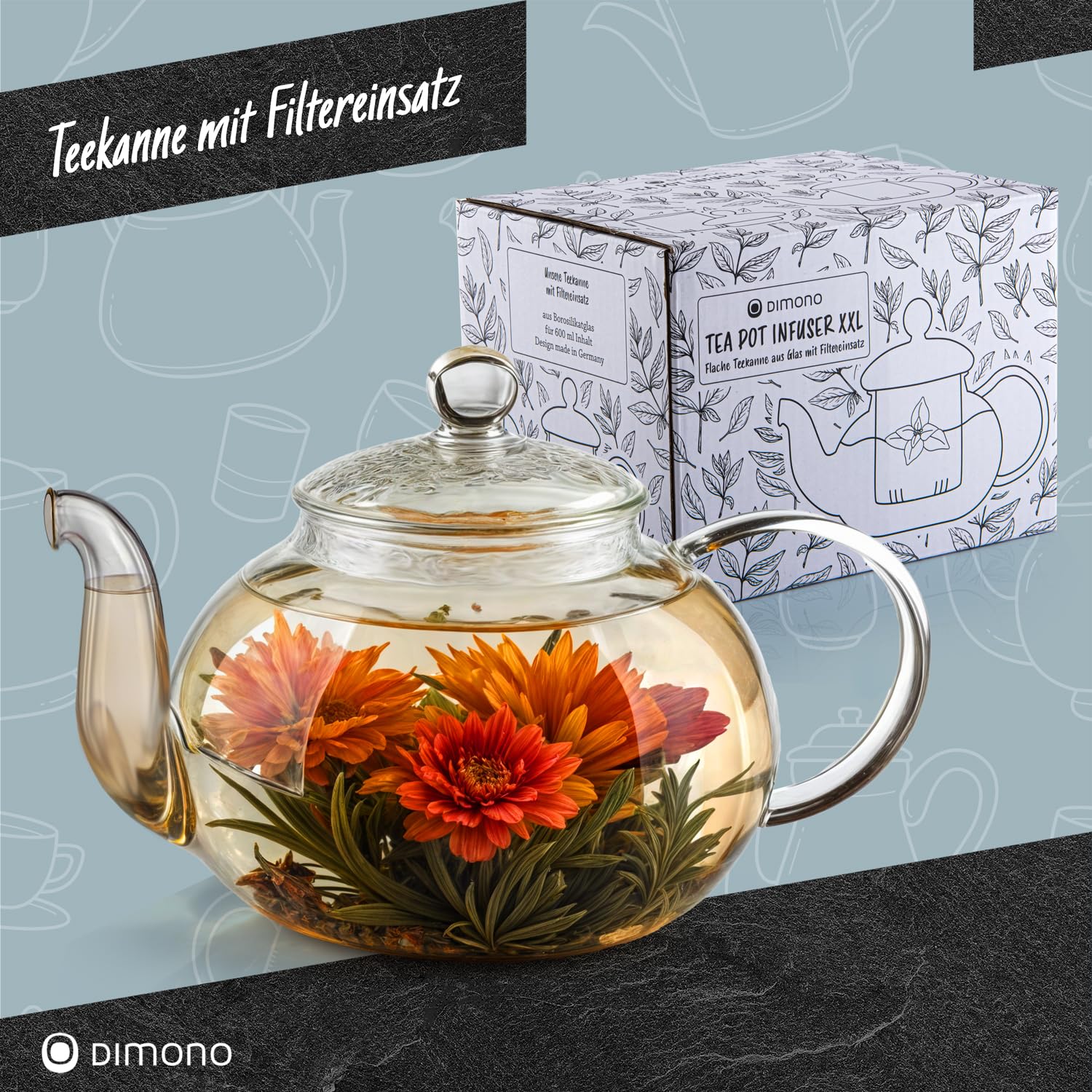 DIMONO® Szklany Dzbanek do Herbaty 600 ml z Sitkiem i Filtrem | Szklane czajniczki - szkło borokrzemianowe, ręcznie dmuchane, z pudełkiem prezentowym - idealny na prezent