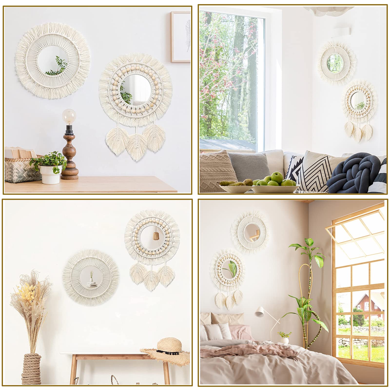 2 Pezzi Specchio da Parete in Macramè con Frange Tessute, Sospeso Boho Mirror Art Decor Macrame Fringe in Legno, Specchio Decorativo Rotondo da Appendere per Appartamento Soggiorno Camera da Letto