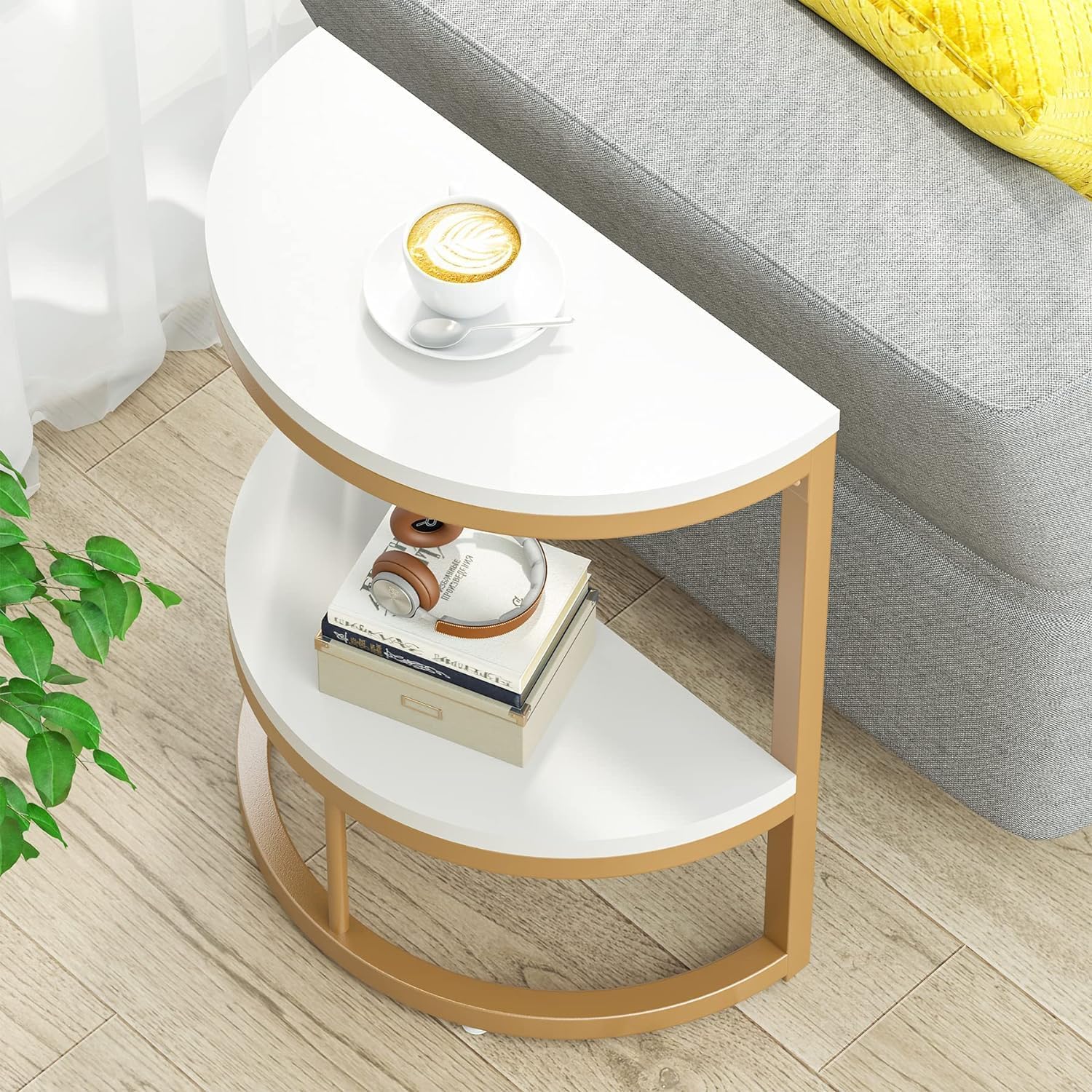 Vought Store Half Round End Table, 2-Tier Metal Frame Sofa Side