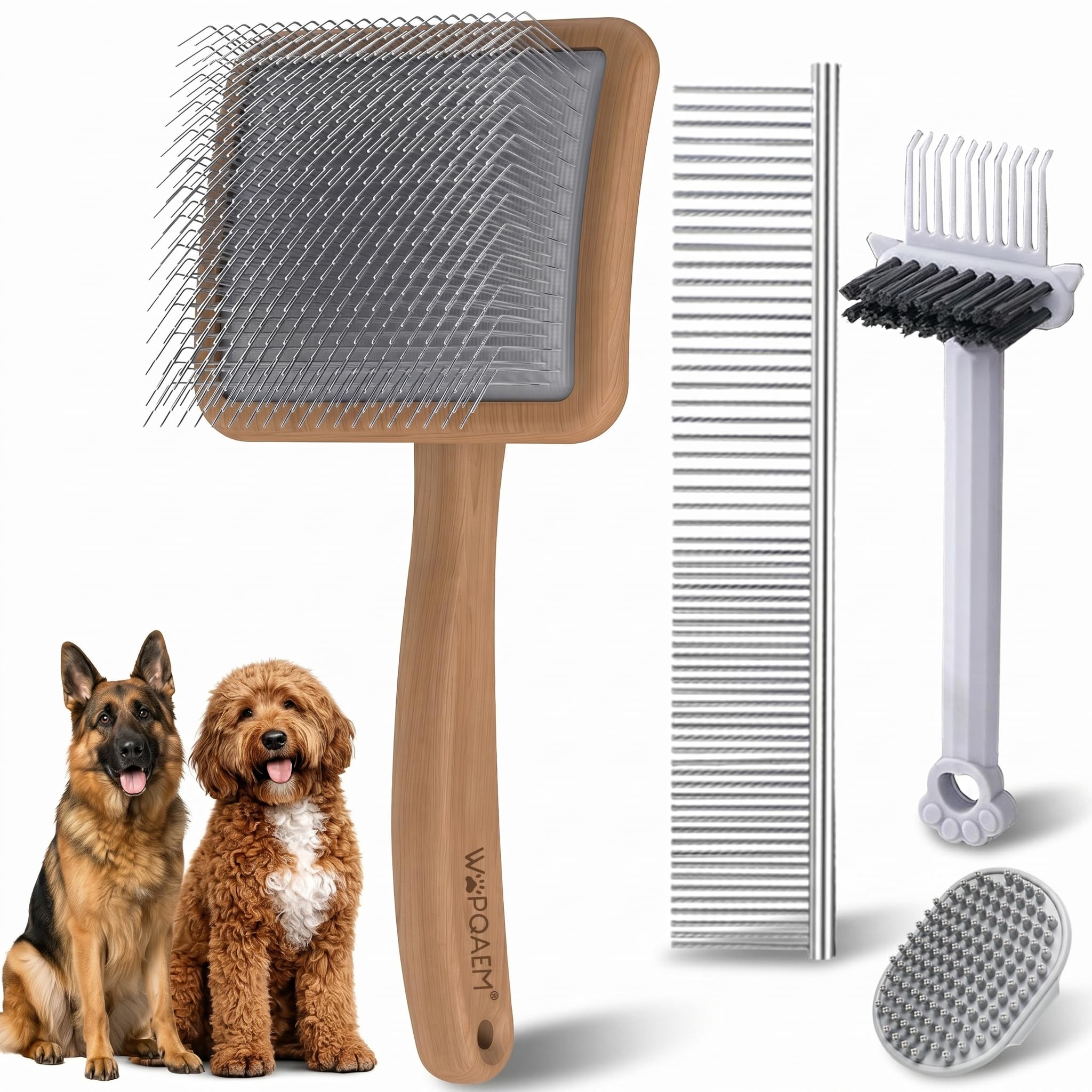 WOPQAEM Slicker Brush for Dogs - 4 PCS Large Dog Brush for Doodles Poodles Goldendoodle Cockapoo Cavapoo Labradoodle, Long Pin Pet Comb and Grooming Brush, Wood Handle - Naturally