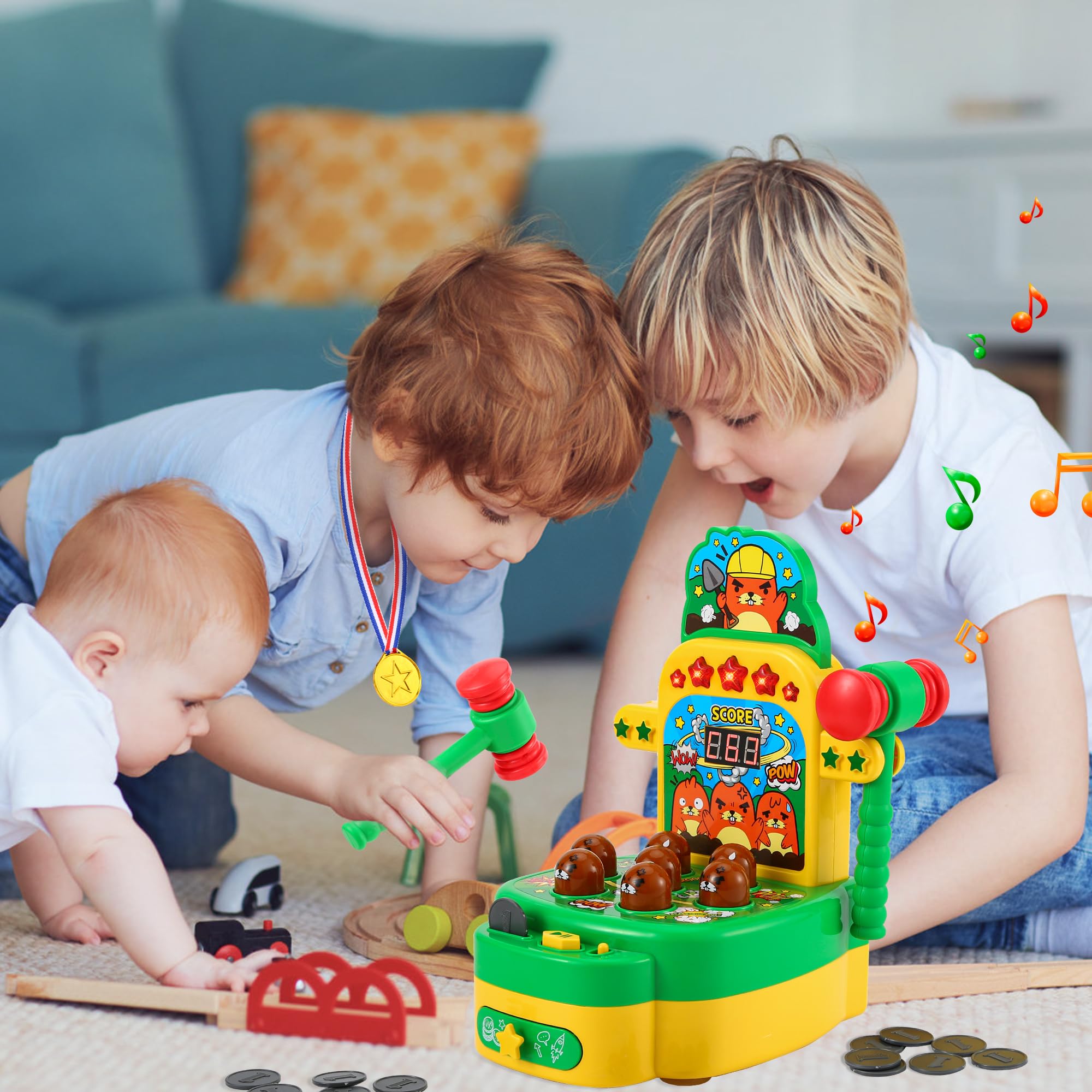Joellfuner Whack Spiel, Elektronisches Mini Arcade Spielzeug, Schlag den Maulwurf, Münzspiel mit 2 Hämmern, Eltern-Kind-Interaktion Hammerspiel Spielzeug für Kinder im Alter von 3-6 Jahren