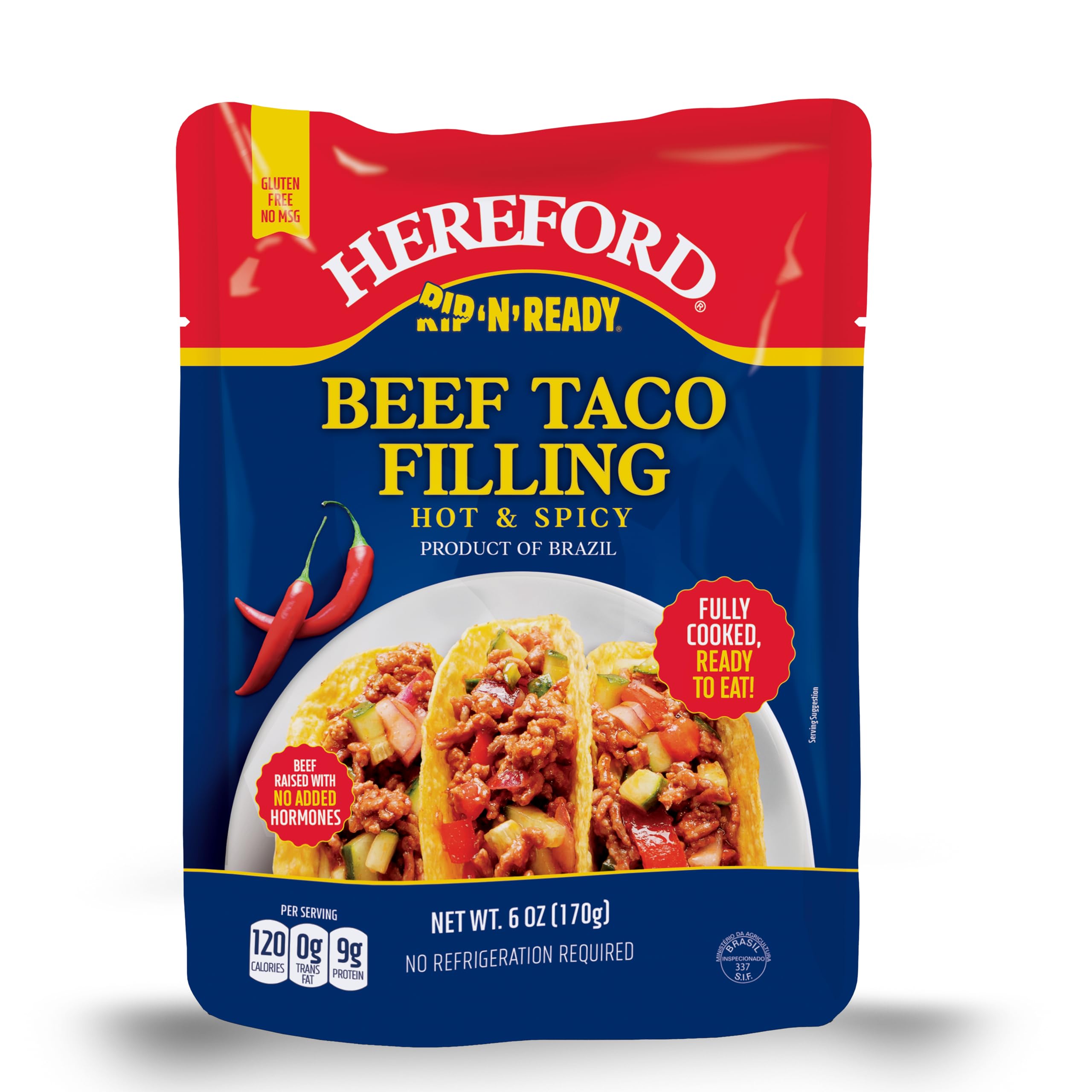 Hereford Beef Taco Filling - Hot & Spicy | Shelf Stable | Halal | Fully Cooked | Ready-to-Eat | 9g of Protein per Serving | 6oz per Pouch (Case of 12)