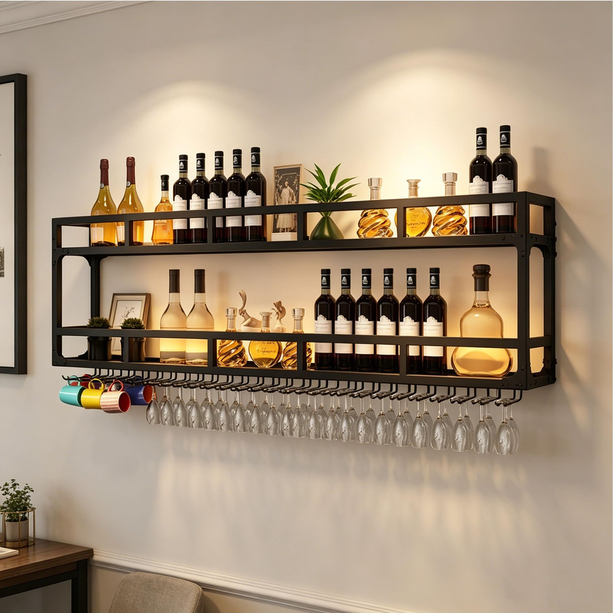 Botellero Vino Pared con Luz Mueble Bar Garrafeira Mini Bar Wine Rack Mueble Comedor Cocina con Soporte Copas Colgante Estantes de Almacenamiento para Bar Sala de Estar y Cocina(Black,2 LAYERS_150CM(5