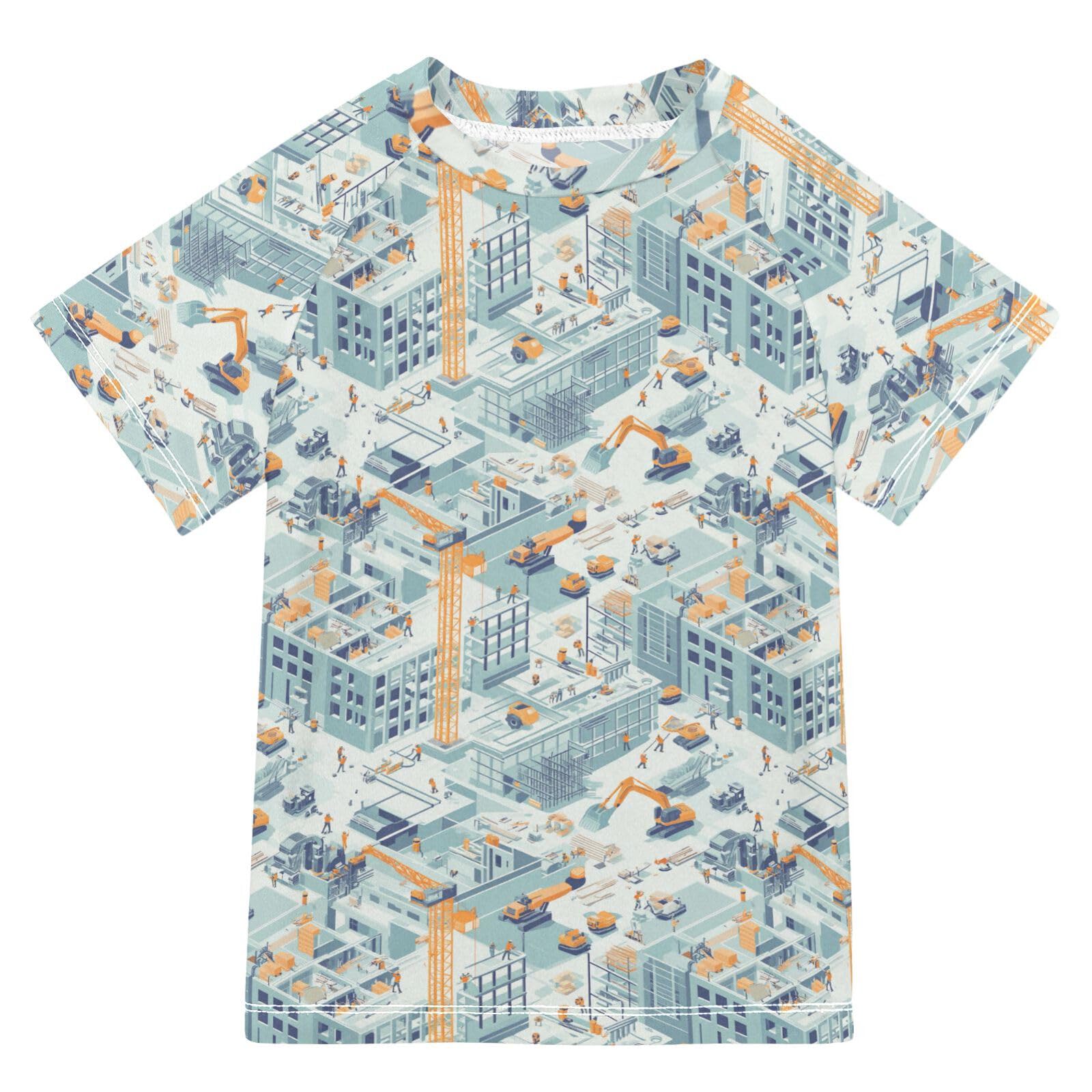Bathing Suit Kids Short Sleeve Rashguard Swimsuit for Girls 5T Construction Scene Build Tall Buildings Excavator Grader