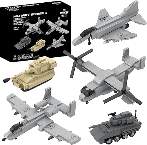 Apostrophe Games 5 juegos de bloques de construcción militares - (901 piezas) A-10 Thunderbolt II, F-4 Phantom II, M109 Paladin, M1128 Stryker y