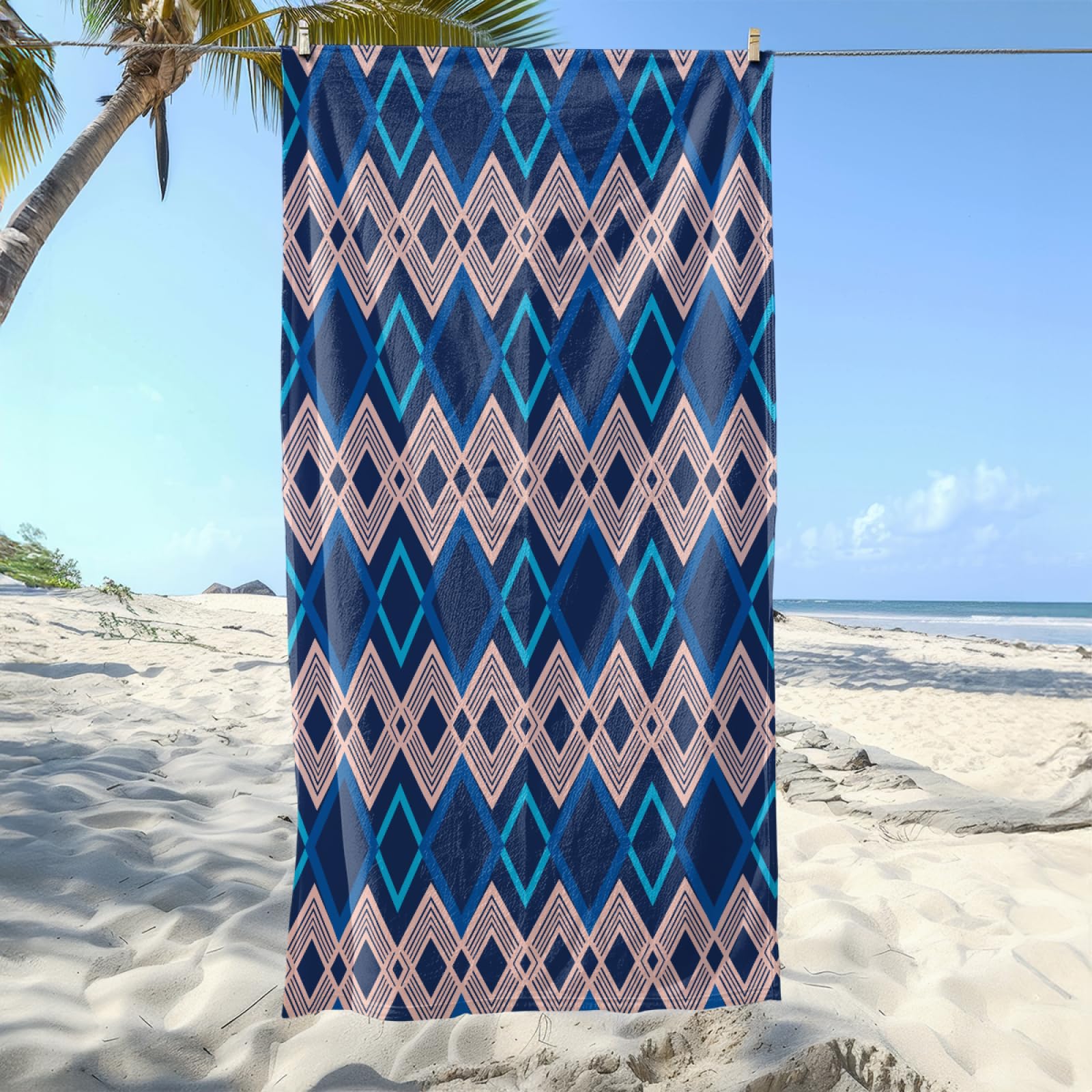 Toalla Playa Geometría Azul Toallas Baño Grandes Suave Toalla Microfibra Sin Arena Toallas de Baño Piscina Ducha Absorbente Secado Rápido Beach Towel para Viajes, Natación, Camping 150x200cm