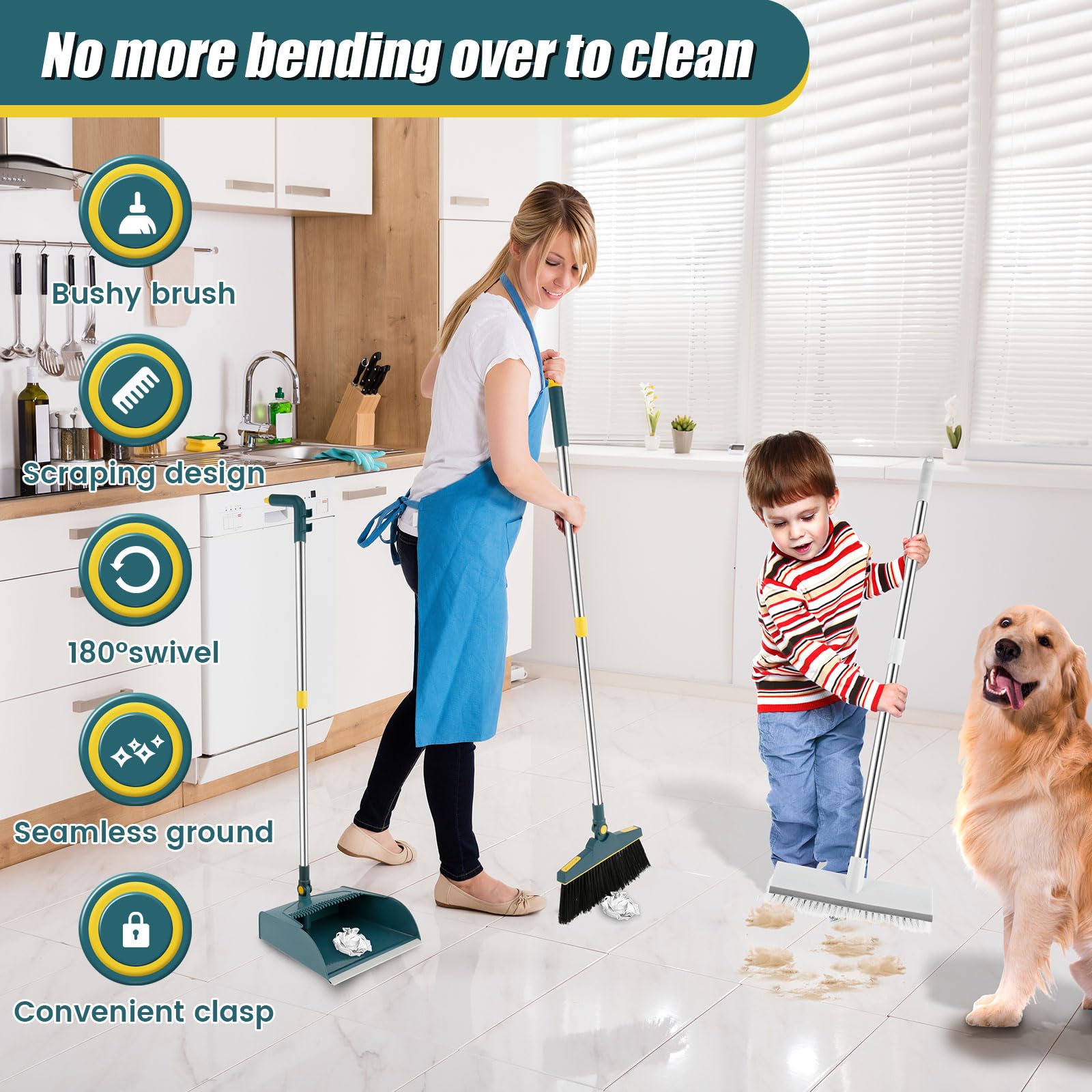 4Pcs Broom And Dustpan Set With Floor Squeegee Rectangular - View #4