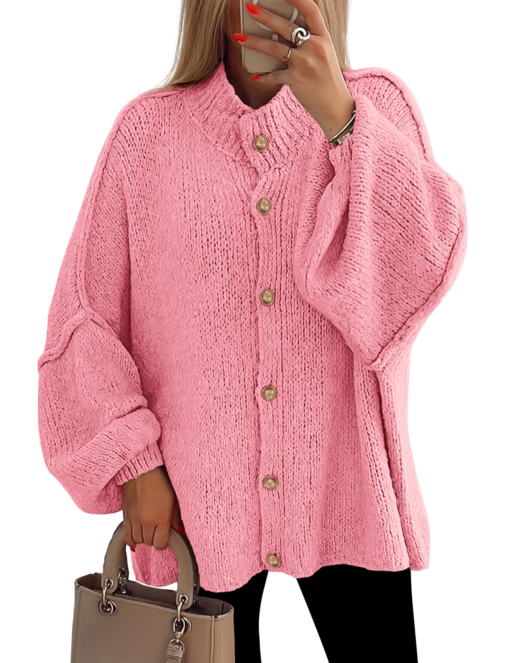 PRETTYGARDEN Women's Oversized Chunky Cardigan Sweaters | Winter Clothing, Warm Cozy, Lantern Long Sleeve, Drop Shoulder Mock Neck, Button Down Loose, Trendy Knit Jacket, Fall Fashion