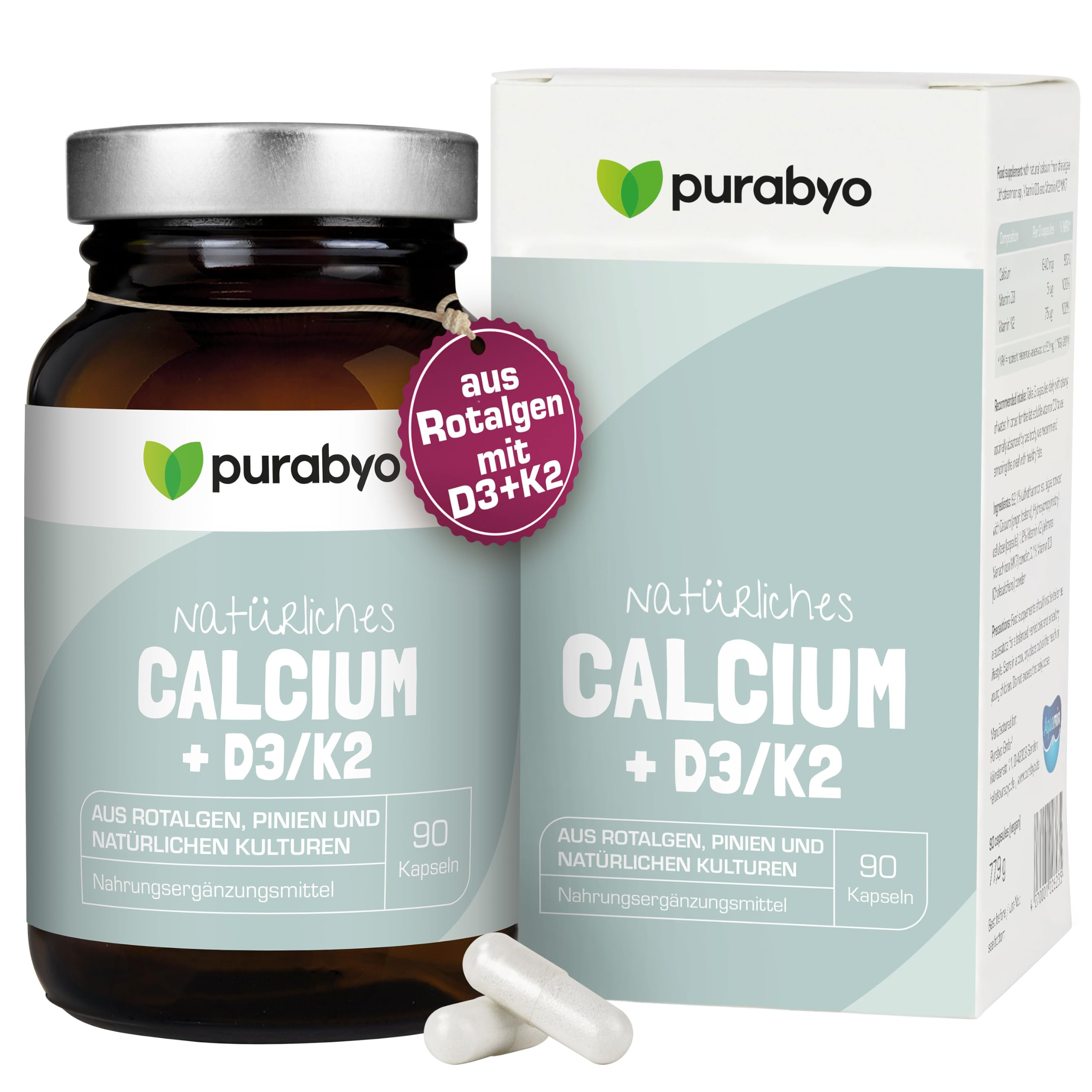 Purabyo Calcium mit Vitamin D3/K2 | im Glas | Hochdosiert 640 mg | Aquamin natural Calcium aus Rotalgen | natürliches Kalzium | Calcium hochdosiert | vegan, laborgeprüft und in Deutschland hergestellt