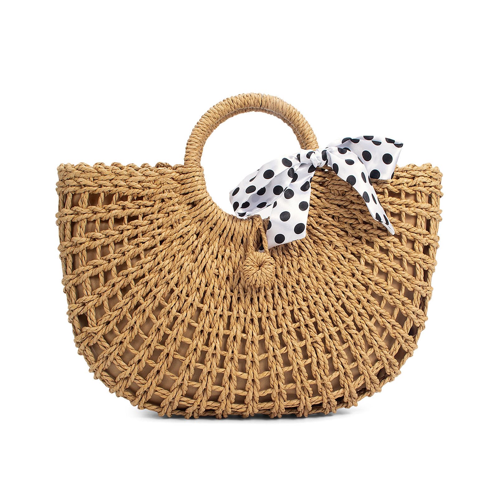YYW Straw Bags for Women,Hand-woven Straw Top-handle Bag with Round Ring Handle Summer Beach Rattan Tote Handbag