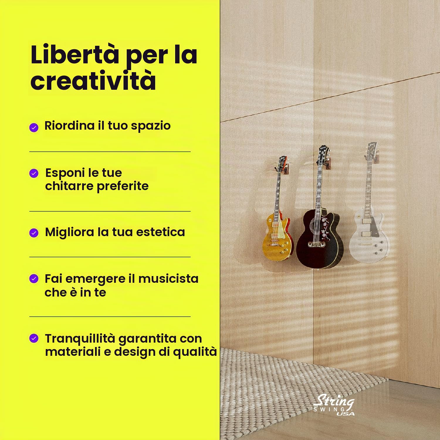 String Swing Supporto per chitarra elettrica, acustica e basso, accessori da parete per casa o studio, per strumenti musicali, sicuro senza custodie rigide, in legno di noce nero, confezione da 2