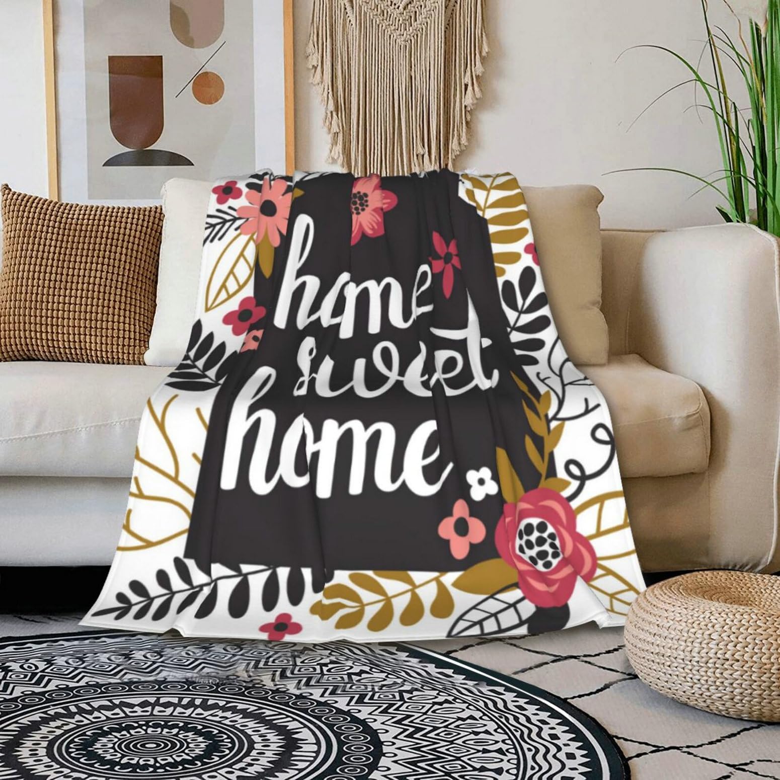 HGOD DESIGNS Floral Elements Home Sweet Home Flannel Fleece Bed Blanket Throw Blanket Lightweight Cozy Plush Blanket for Bedroom Living Rooms Sofa Couch 130x150cm - Image 3