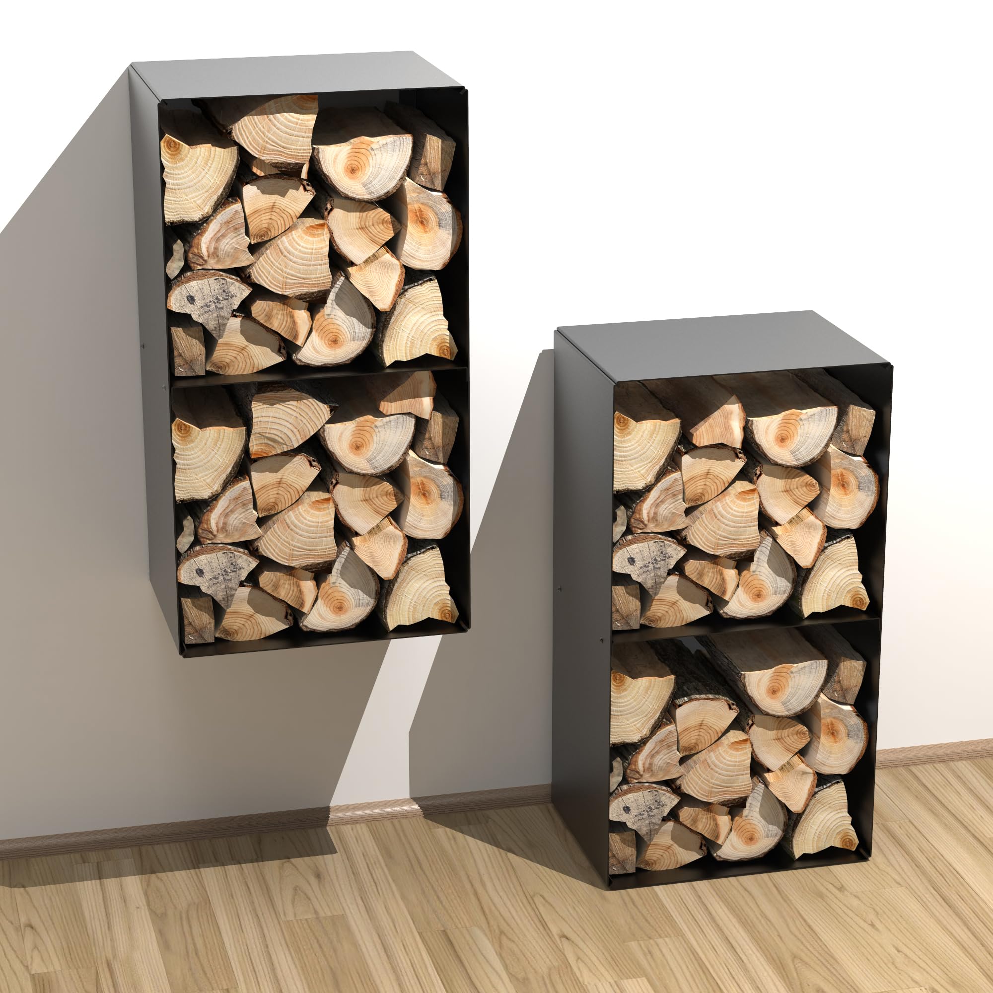 teileplus24 BHS7 Kaminholzregal Innen Außen | Brennholzregal Metall | Kaminholzkorb | Industrial Look | Wandmontage | Freistehend, Modell:Schwarz