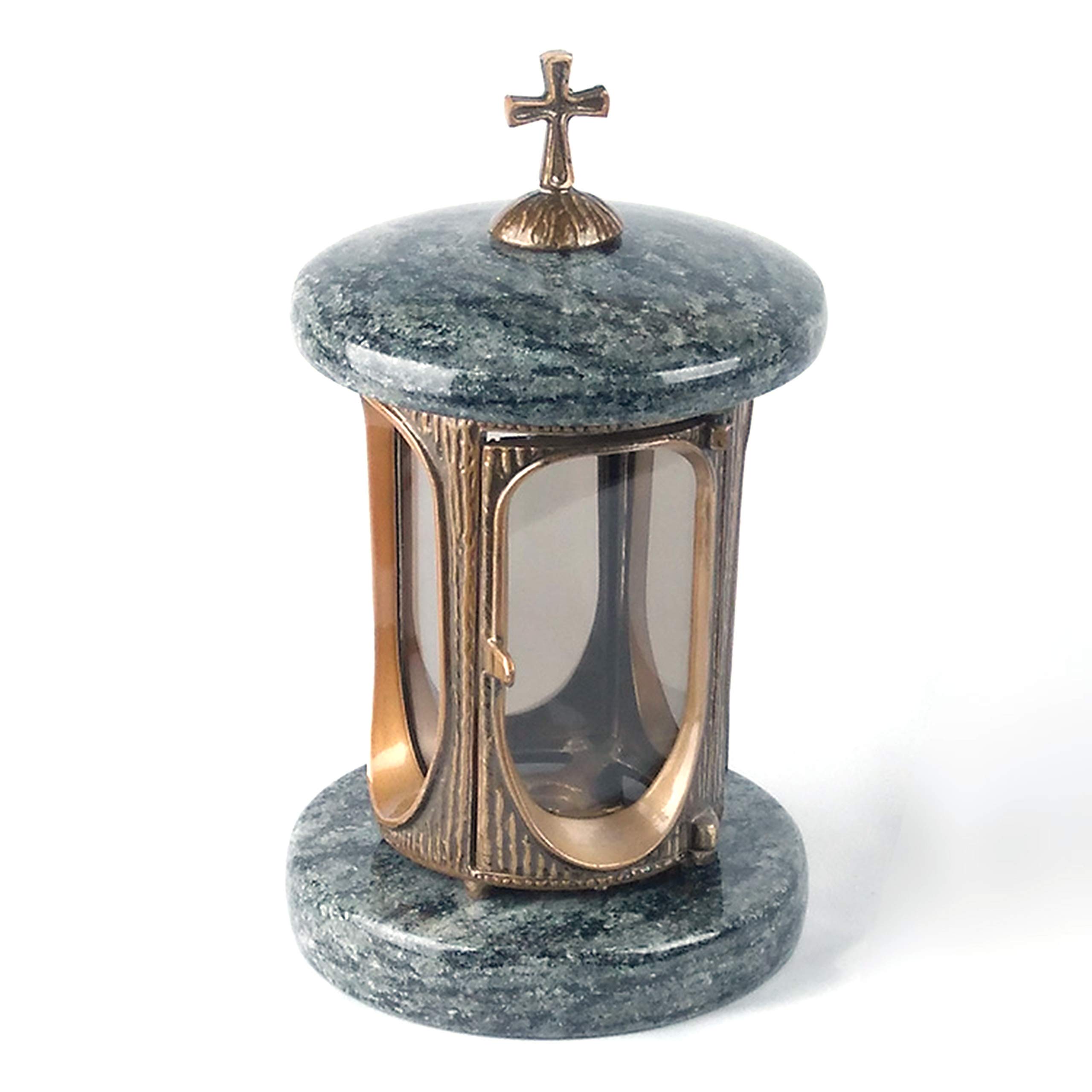 designgrab Alu Grab lampada in alluminio messingfarbenem in finitura anticata con croce e tomba VASO Taille Medium e 2 pezzi base rettangolare in granito Olive Green Verde