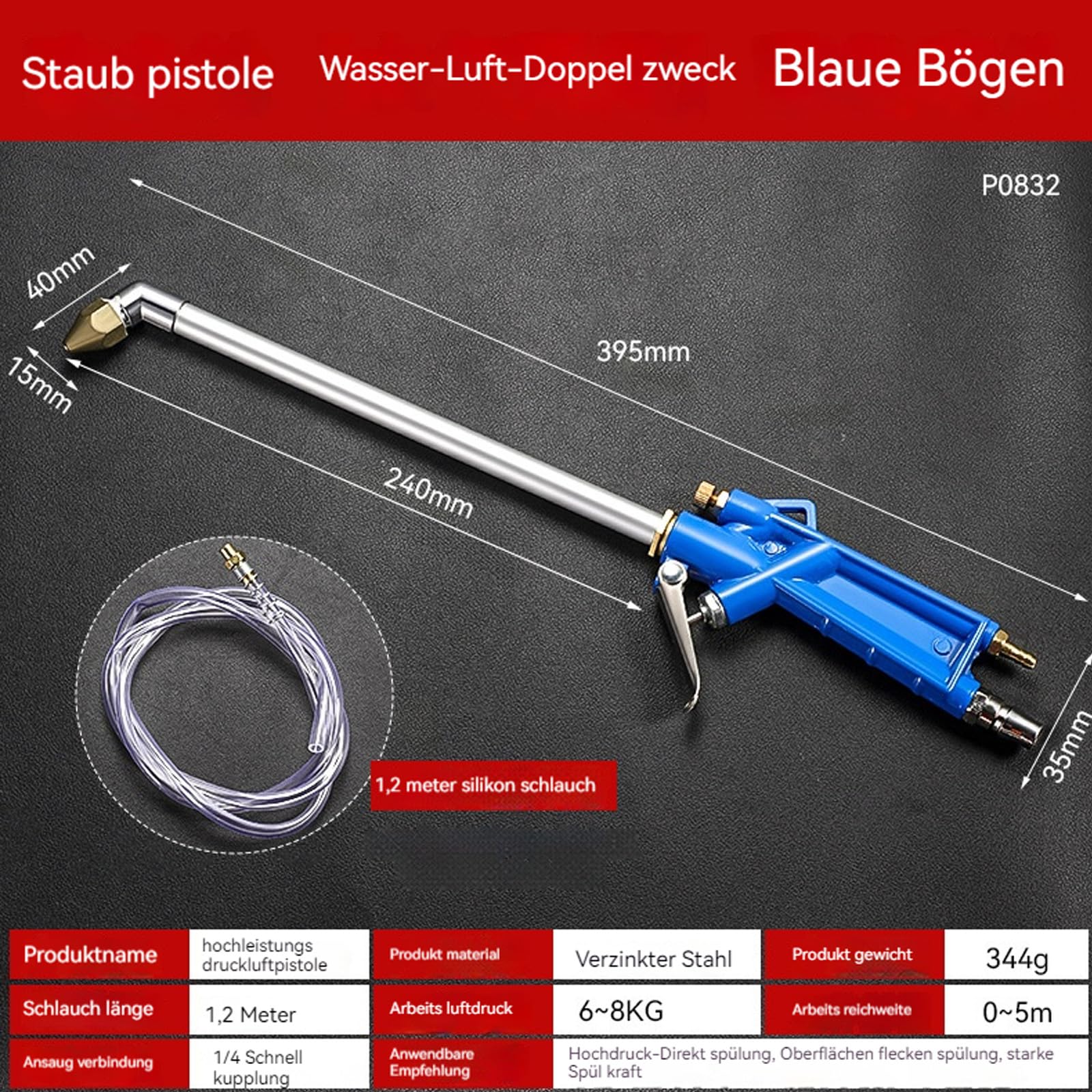 Hochleistungs Druckluftpistole, Druckluft Ausblaspistole Für 1/4" Bsp Schnellkupplung, Druckluft Reinigungspistole Mit Schlauch, Perfekt Für Autoreparaturen, Werkstattreinigungen (Winkel)