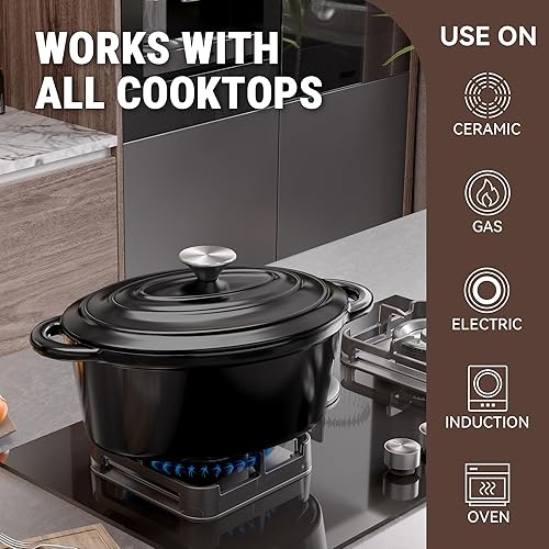 Miniatura 5 de Olla de horno holandés ovalada esmaltada de 4.5 cuartos de galón con tapa y asas dobles, horno holandés de hierro fundido para cocinar, hornear pan,