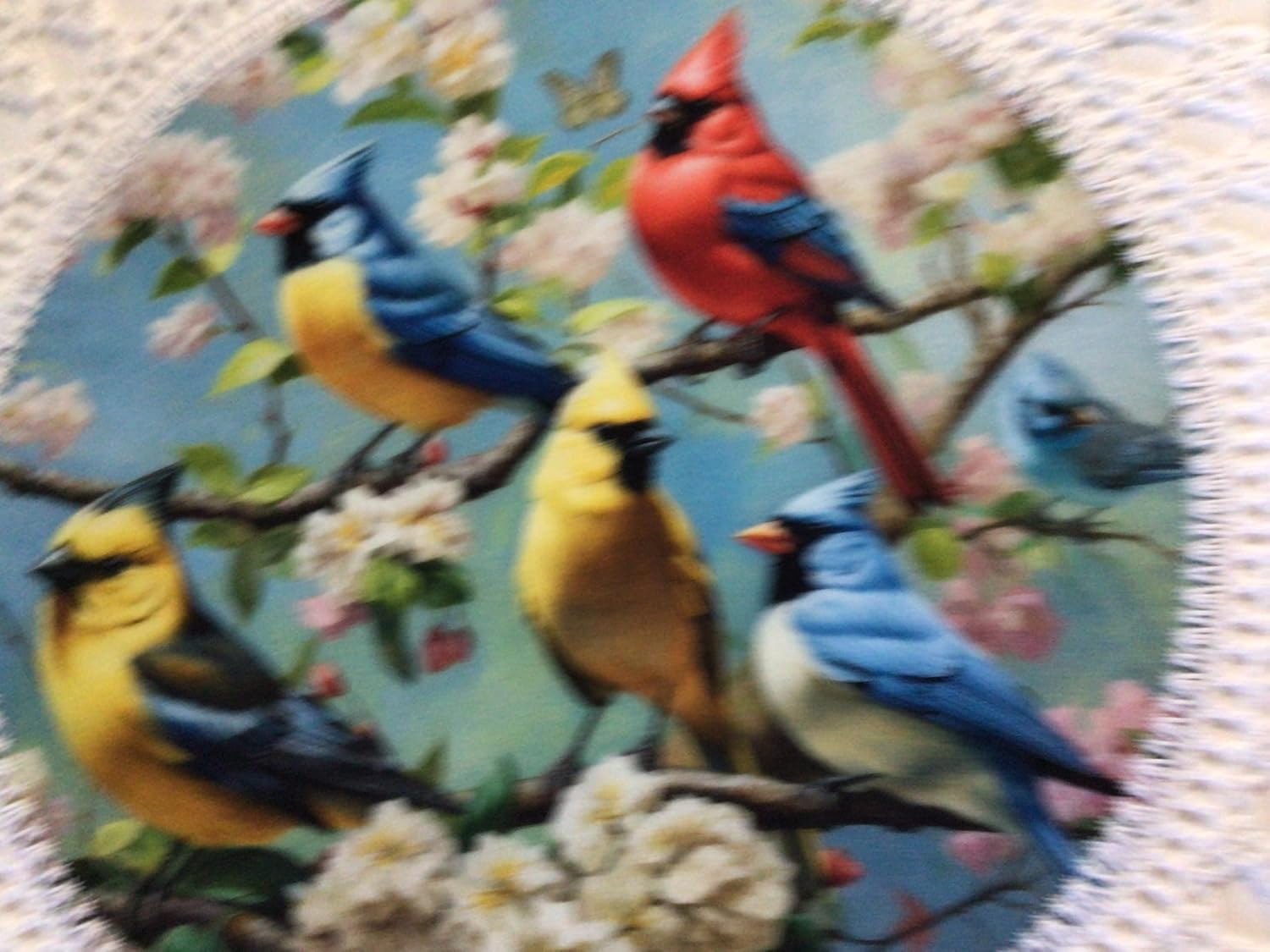 Cardinal Doily Multi Colored Song Birds Round Handmade Table Decoration Crochet 18 Inches Centerpiece with Cotton Fabric and White with Delft Blue Trim