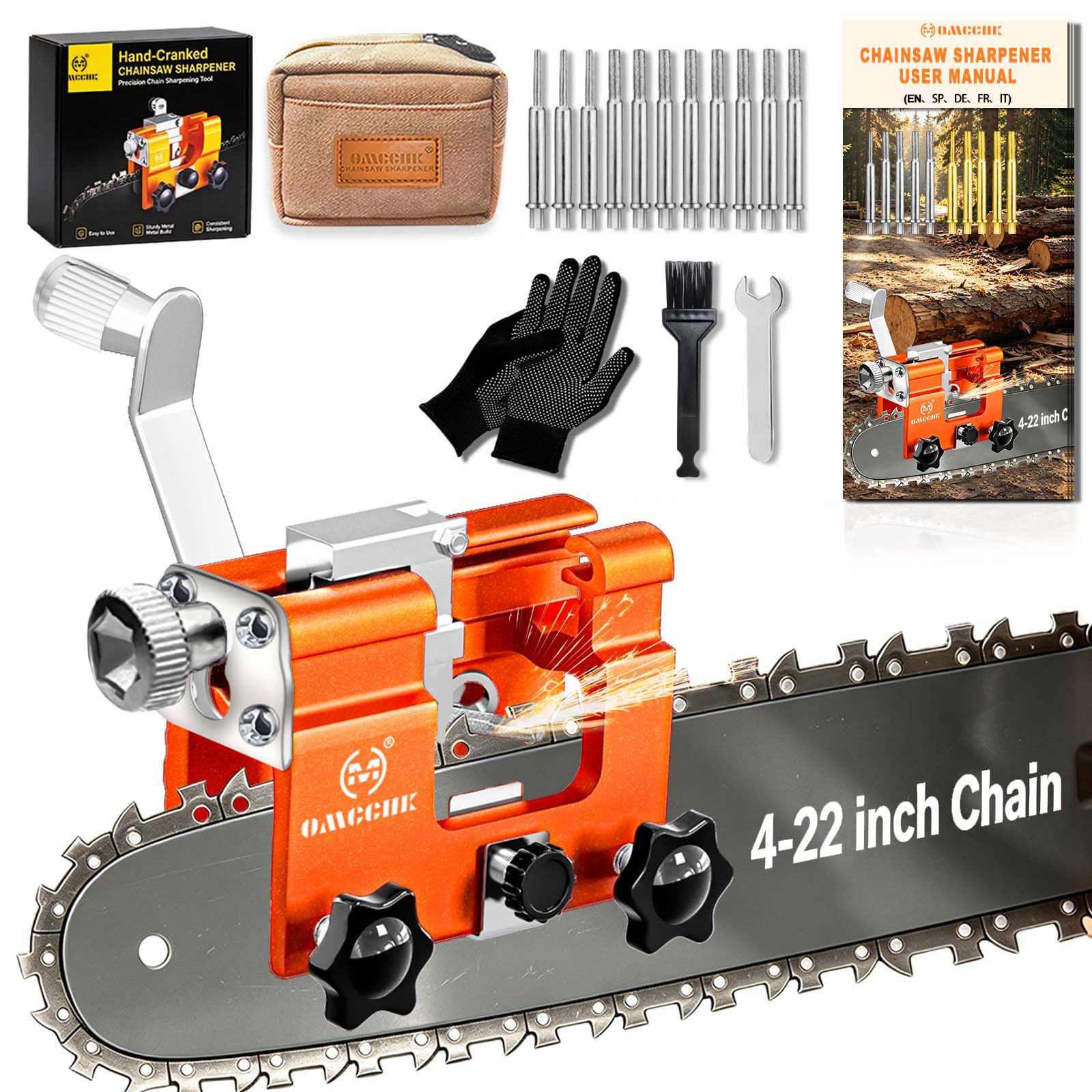 Chainsaw Sharpener Jig Kit with 11 Tungsten Bits &amp; Carrying Bag, Universal Portable Manual Chain Saw Sharpener Tool Accessories for 4" - 22" Chain Saw Sharpening